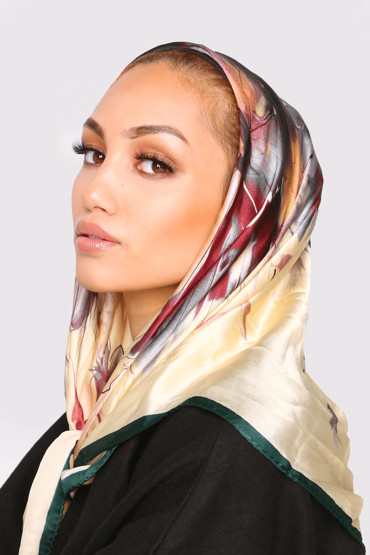 Silk Satin Scarf in Cream & Burgundy Print