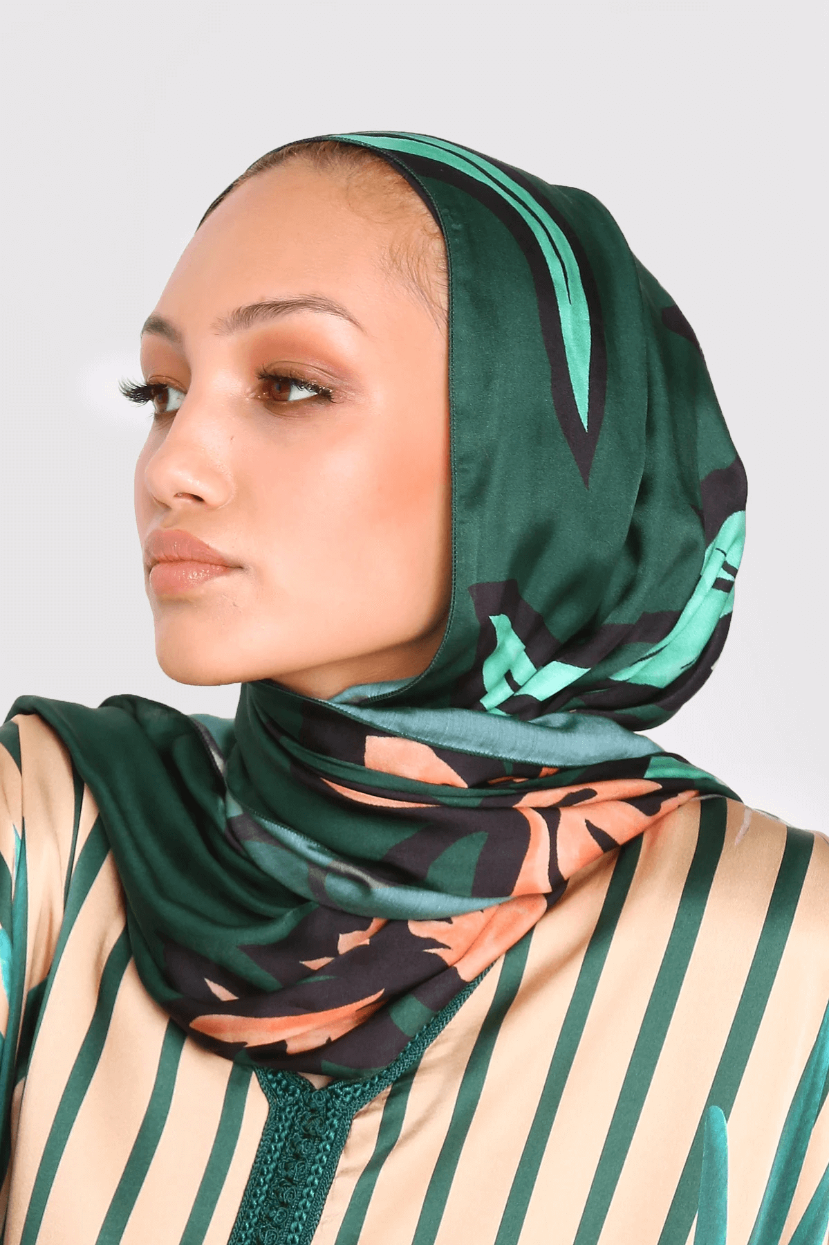 Silk Satin Scarf in Forest Green Print