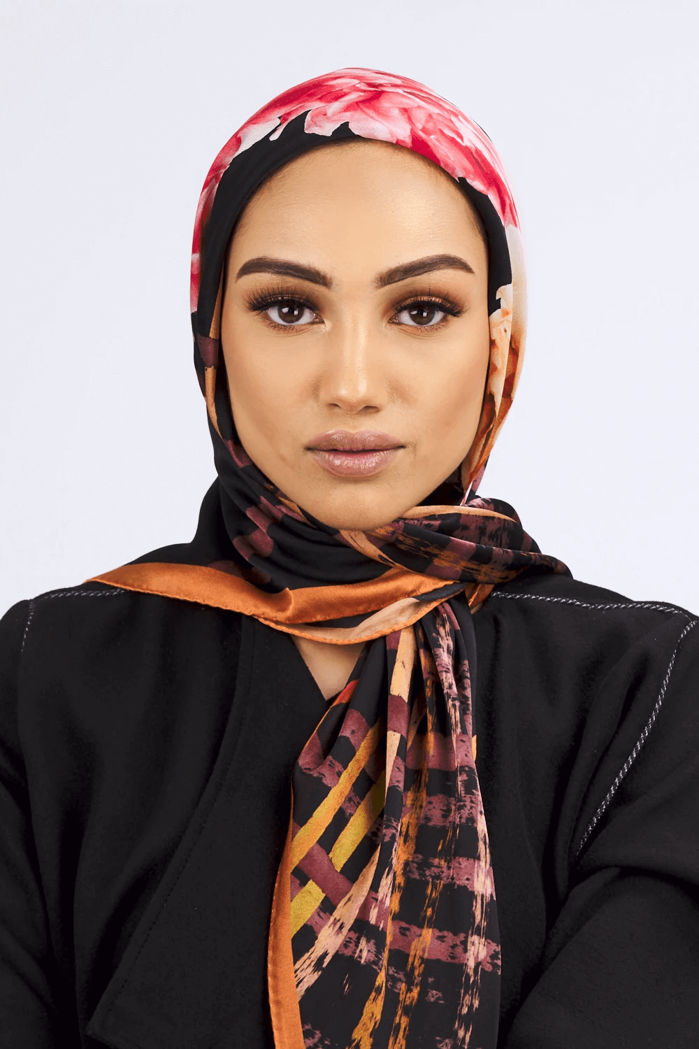 Silk Satin Scarf in Black & Mustard Print