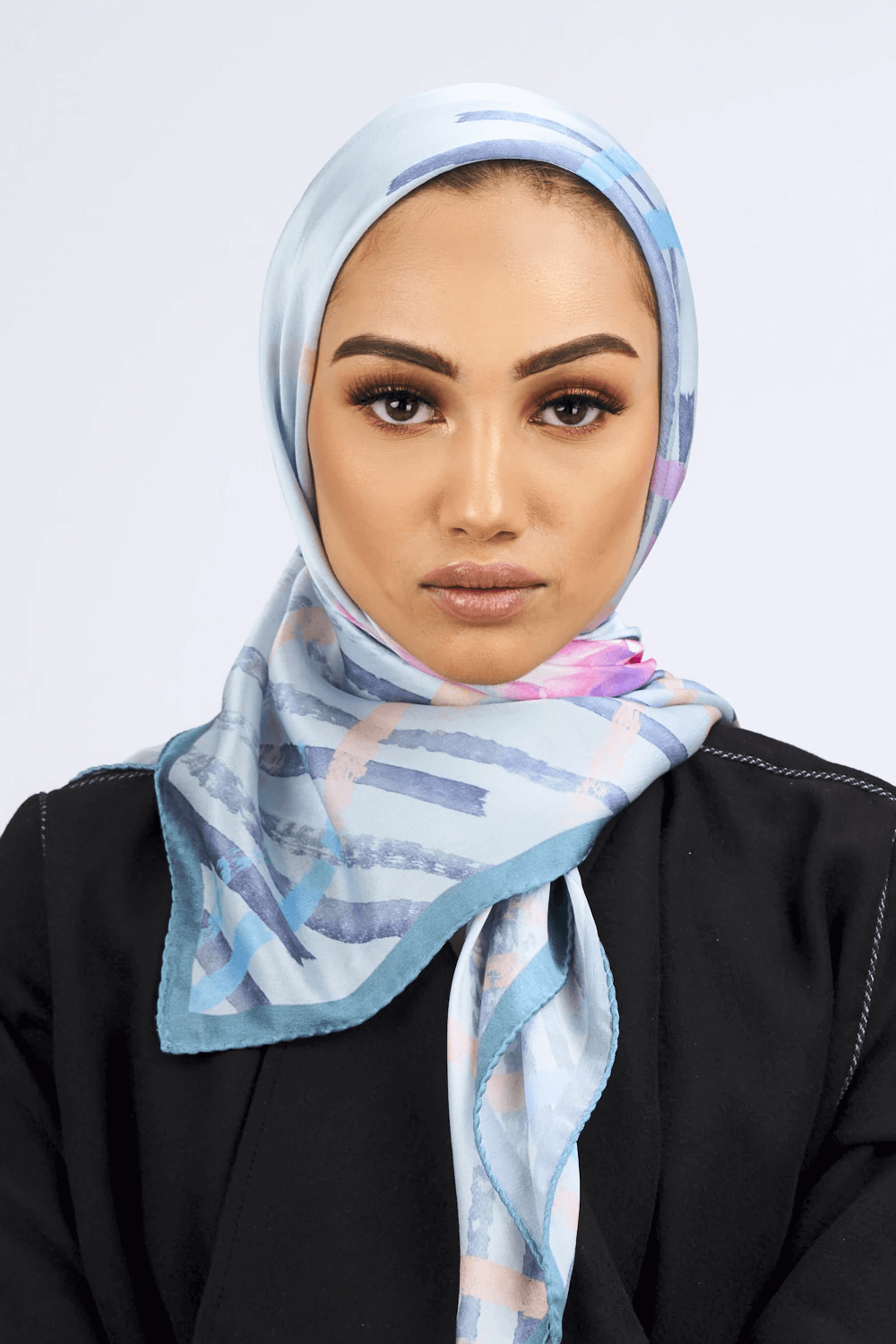 Silk Satin Scarf in Pink & Blue Print