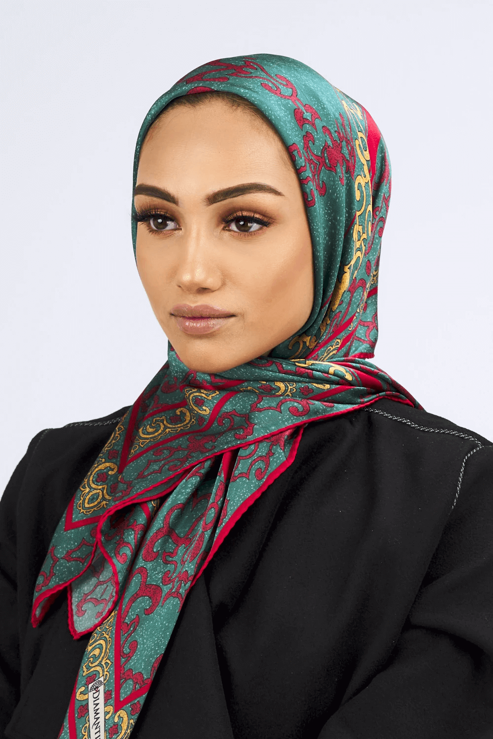 Silk Satin Scarf in Green & Red Print