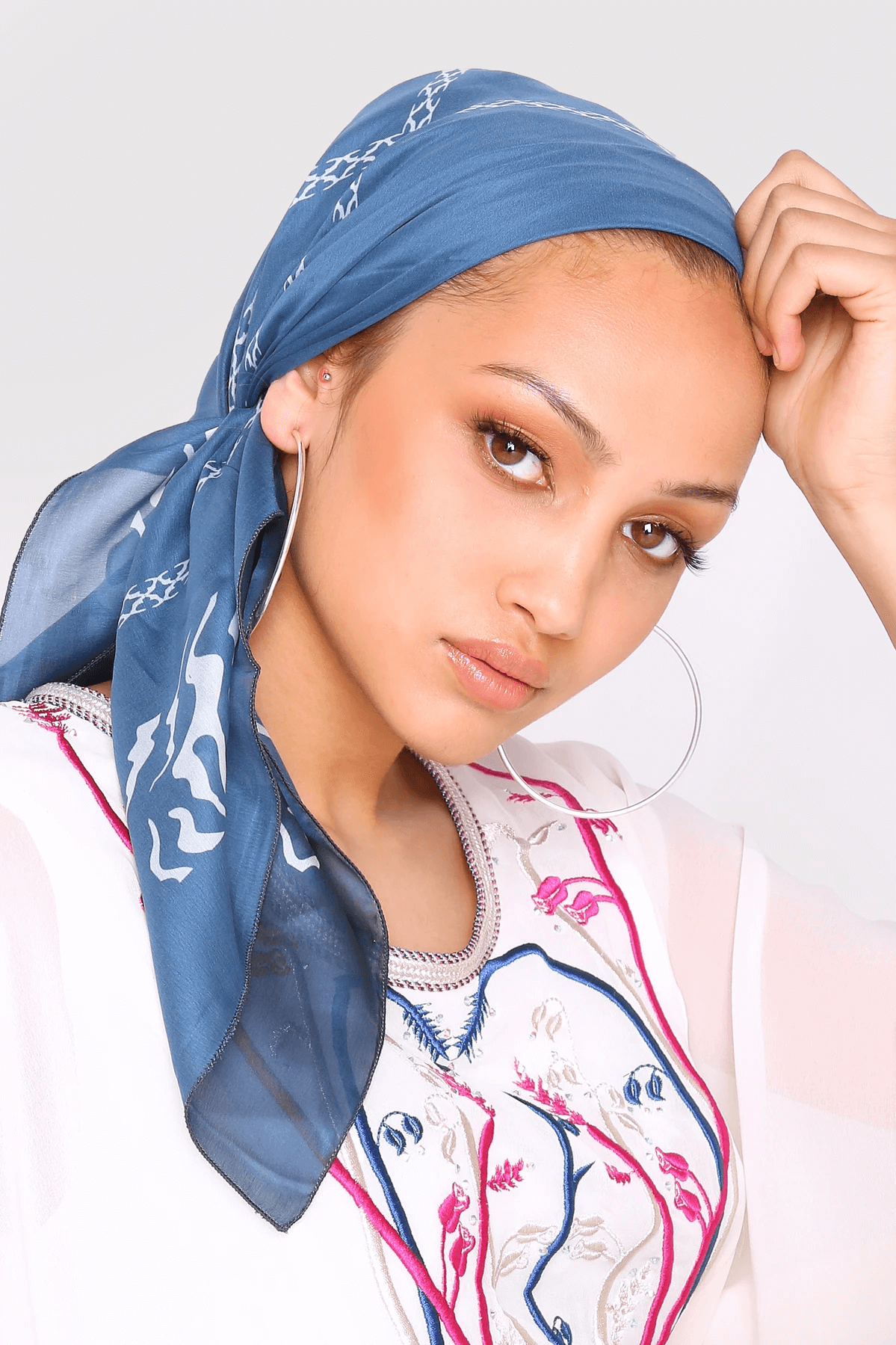 Satin Scarf in Blue, White & Pink Print