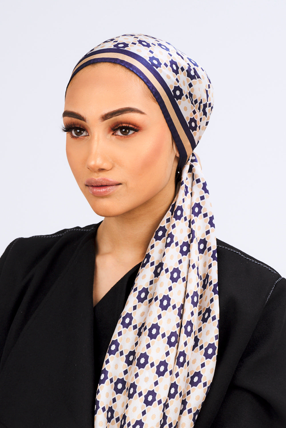 Silk Satin Scarf in Navy & Beige Print