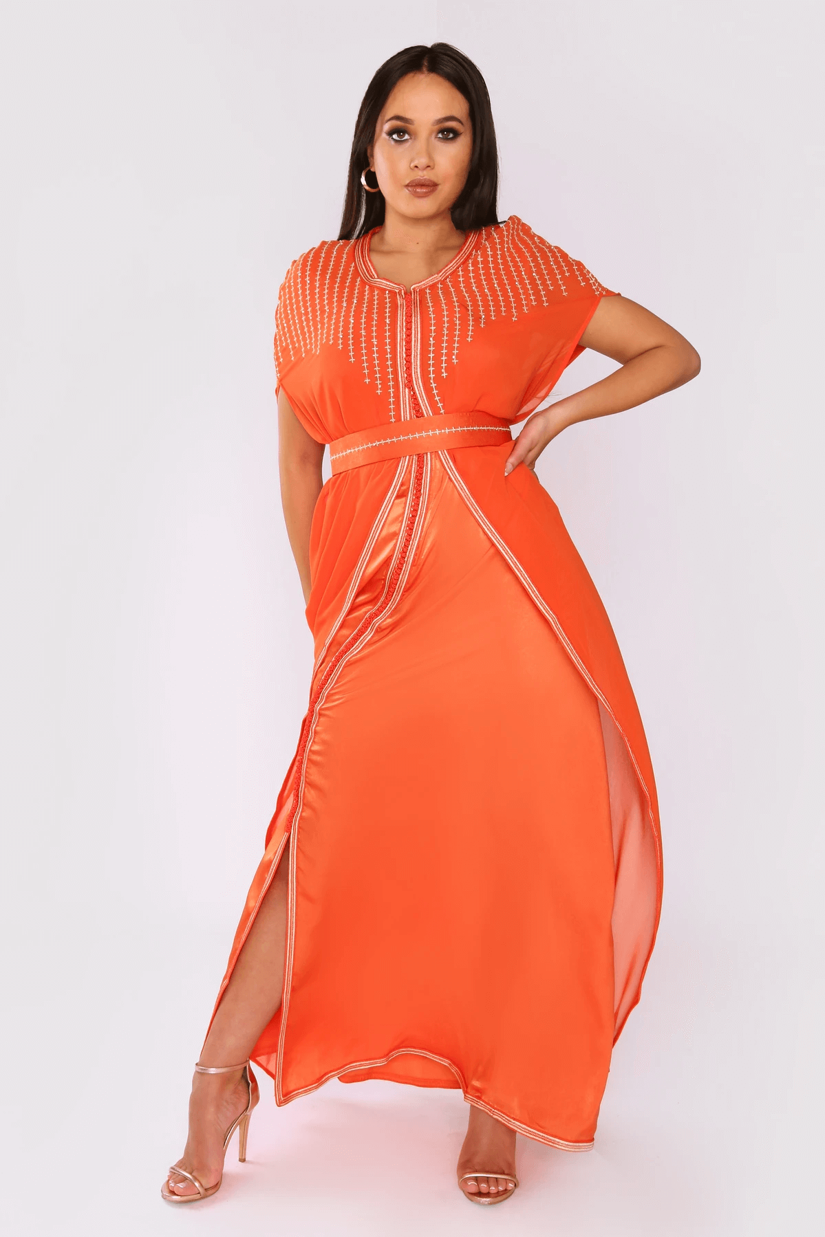 Lebssa Vanessa Short Sleeve Embroidered Long Occasion Wear Maxi Dress and Belt in Orange