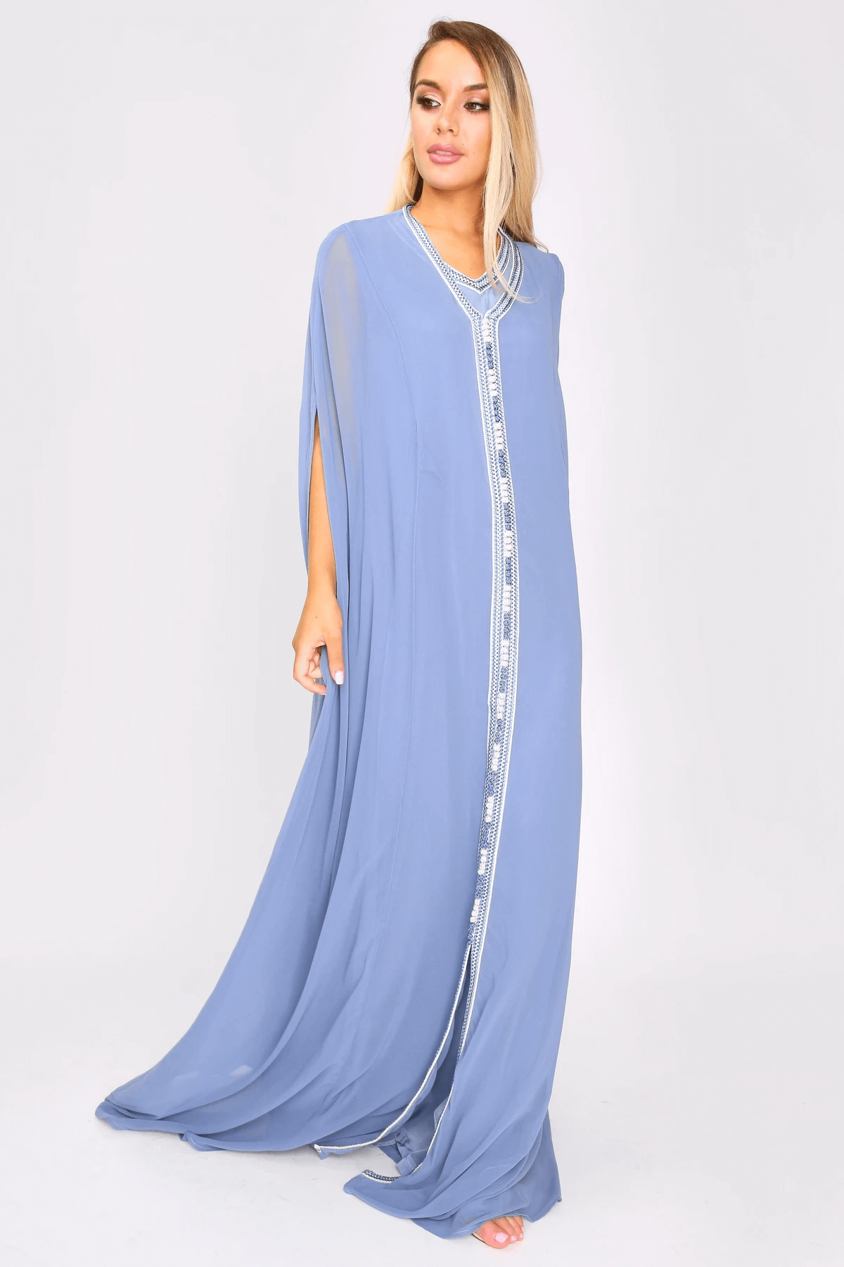 Kaftan Dunya Embroidered Trim Split Sleeve Long Maxi Dress and Duster Cover Up in Blue