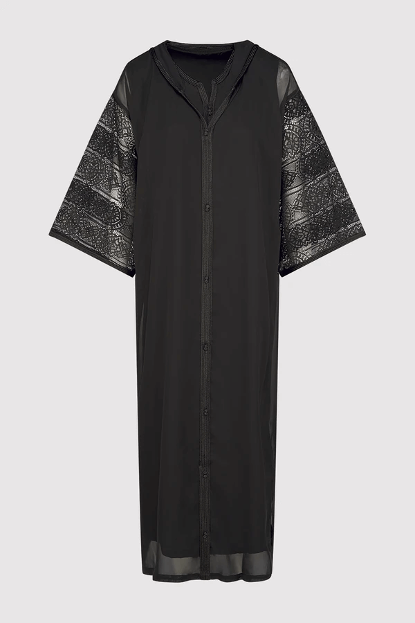 Djellaba Kmiss Beya Lace Sleeve Hooded Maxi Dress and Jacket Set in Black