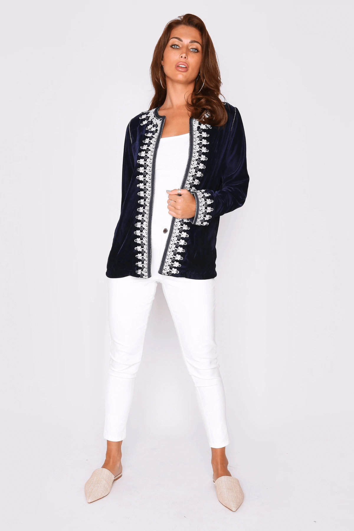 Neyla Velour Embroidered Long Sleeve Tunic Jacket in Marine Blue