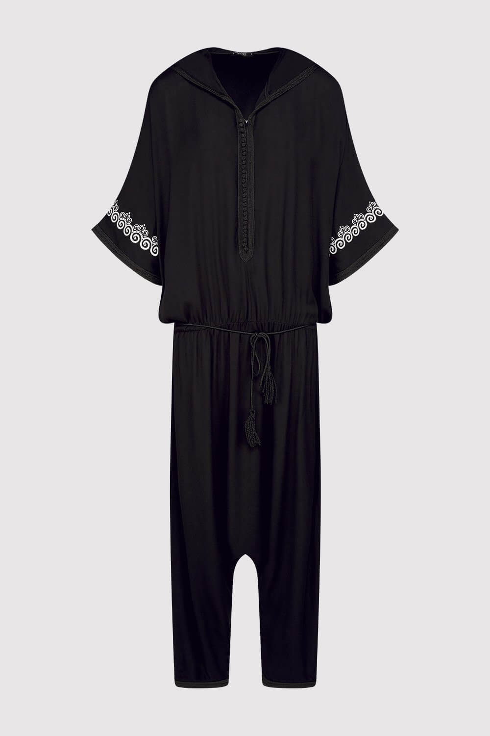Souad Hooded Cropped Elastic Waist Jumpsuit and Rope Belt in Black