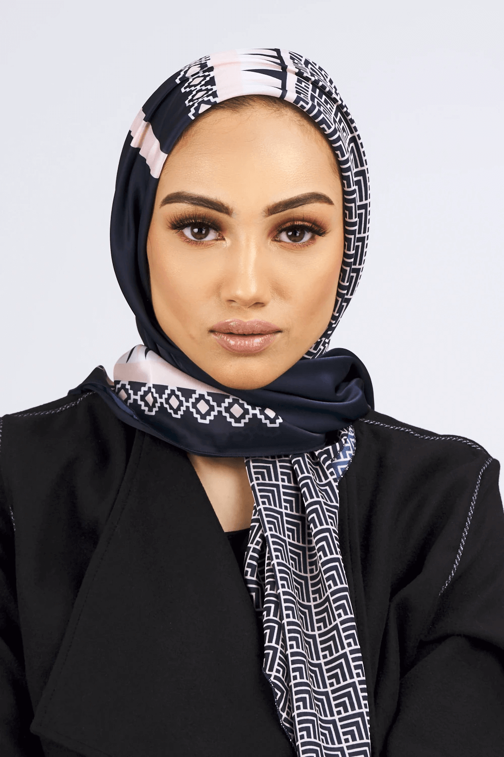 Satin Scarf in Blue Geometric Print