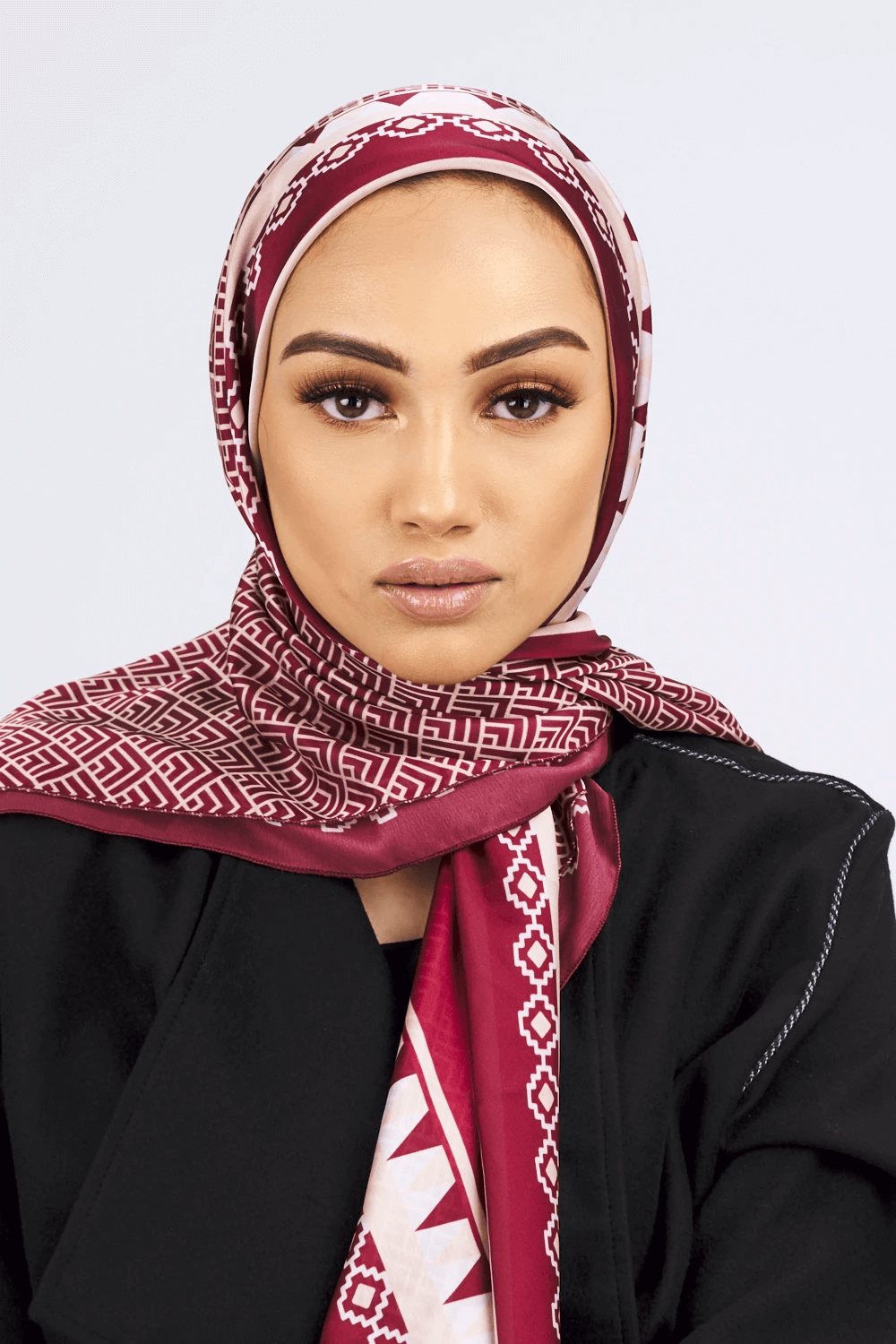 Satin Scarf in Brick Red & Beige Print