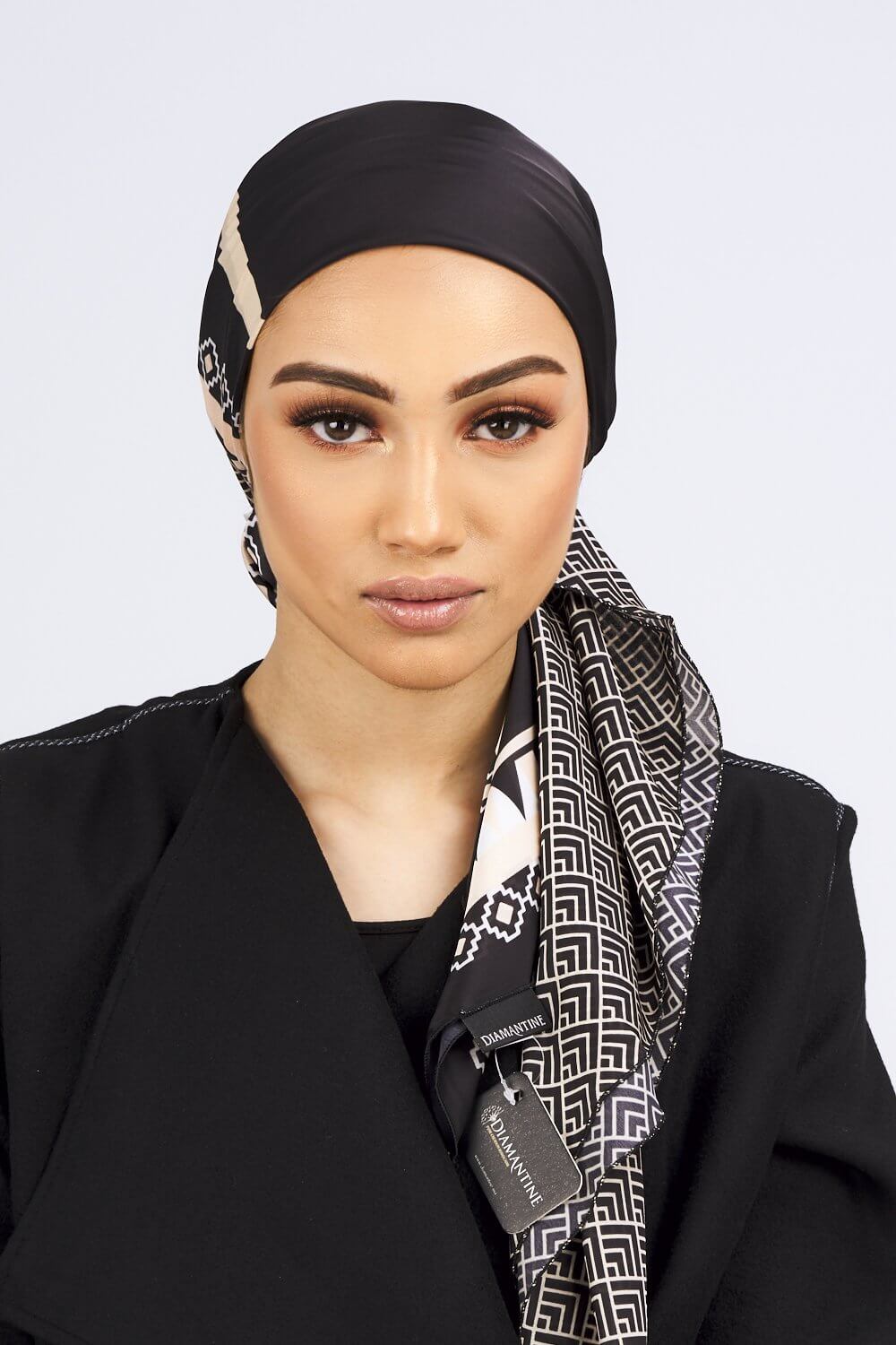 Satin Scarf in Black & Beige Print