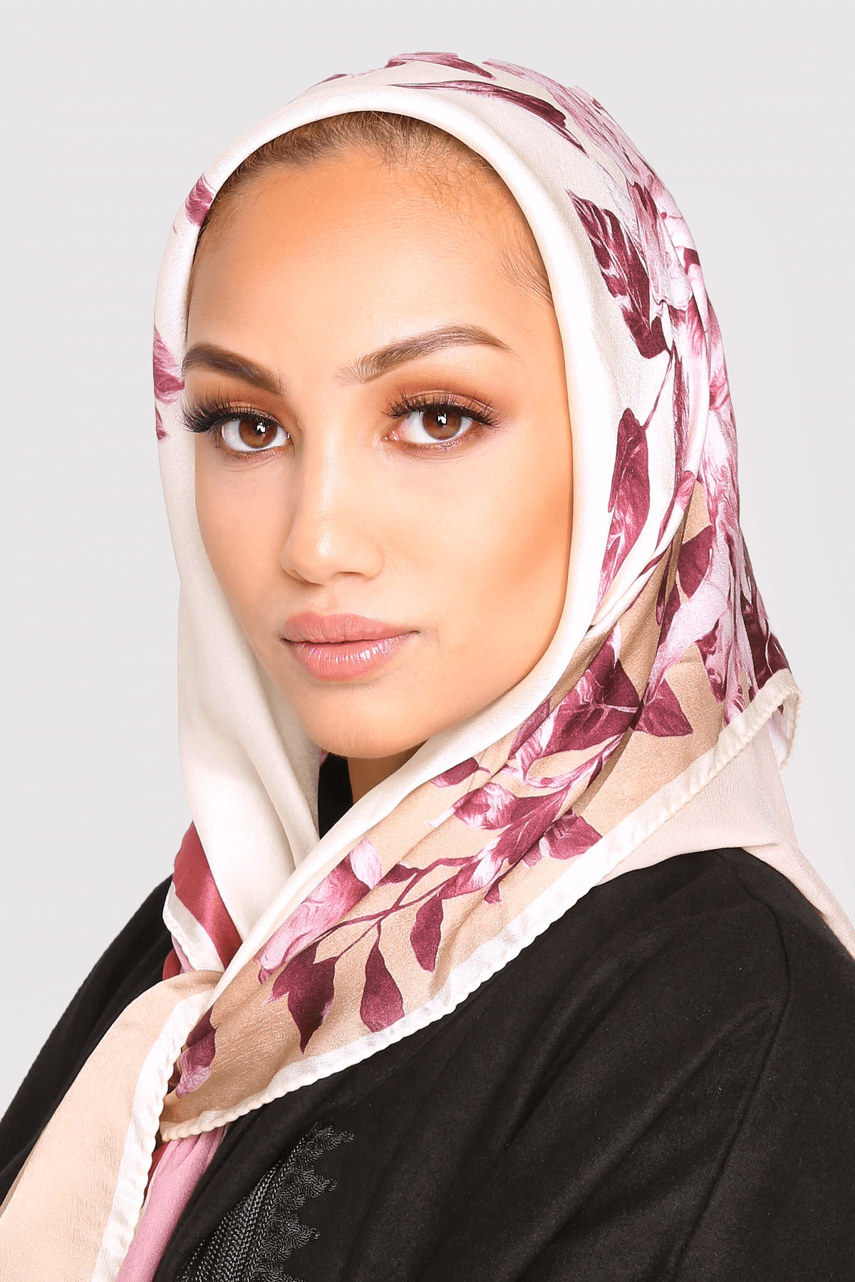 Silk Satin Scarf in Beige & Pink Floral Print