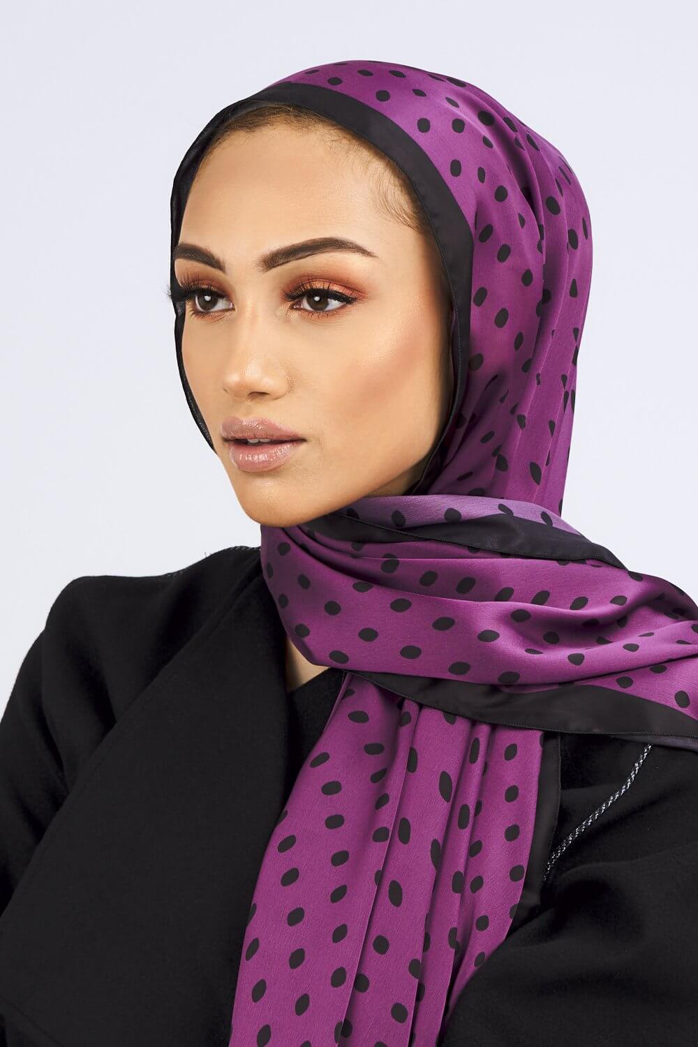 Satin Scarf in Black & Purple Polka Print