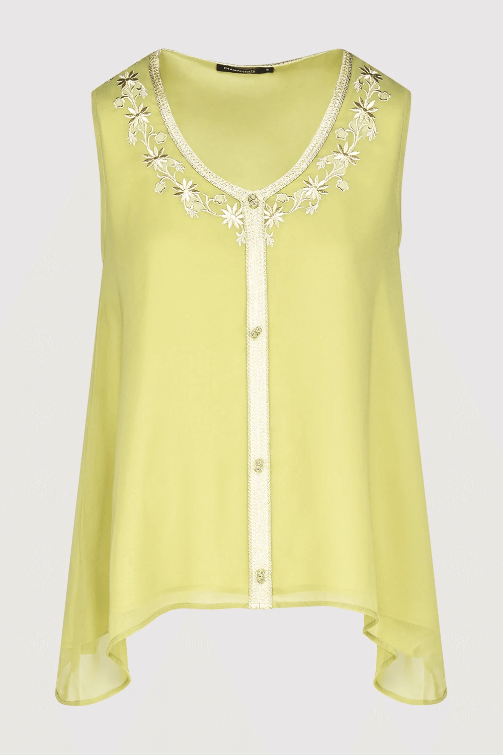 Selena Sleeveless Embroidered V-Neck Longline Assymetric Hem Lightweight Top in Green