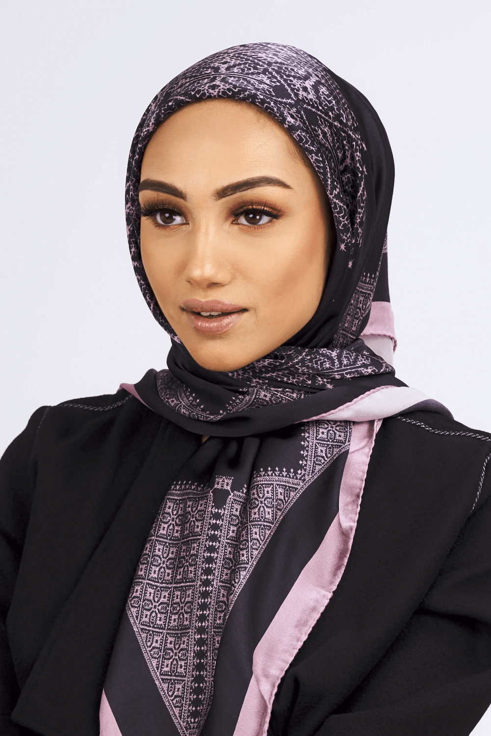 Silk Satin Scarf in Black & Purple Micro Print