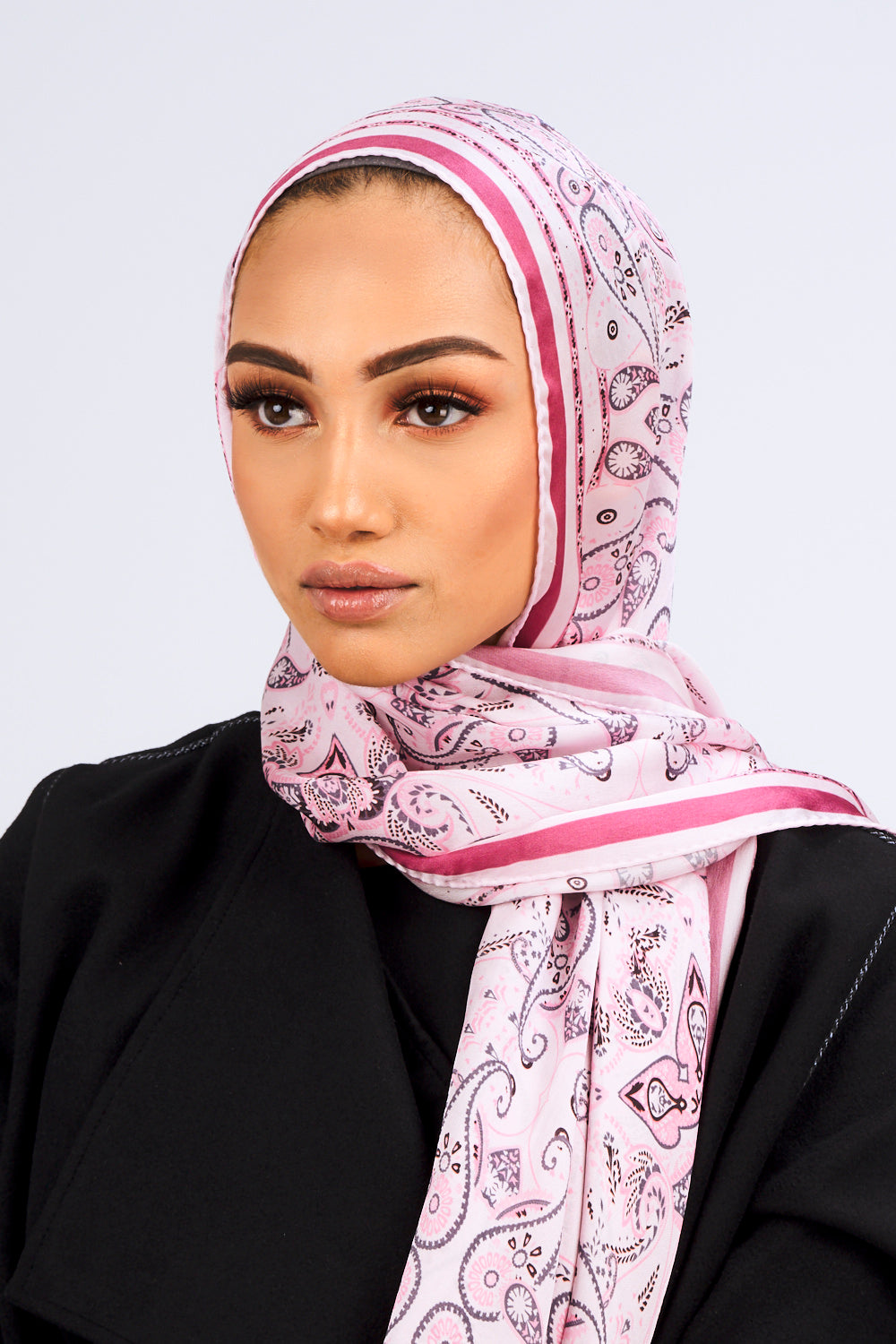 Silk Satin Scarf in Pink & Grey Print