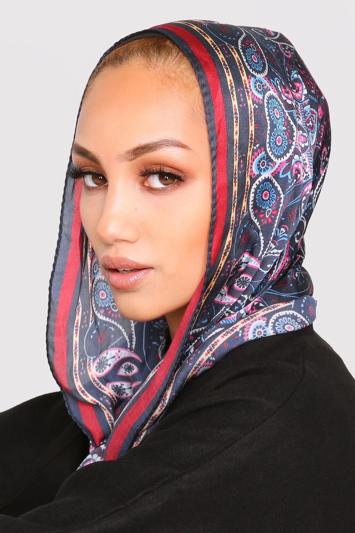 Silk Satin Scarf in Blue & Red Floral Print