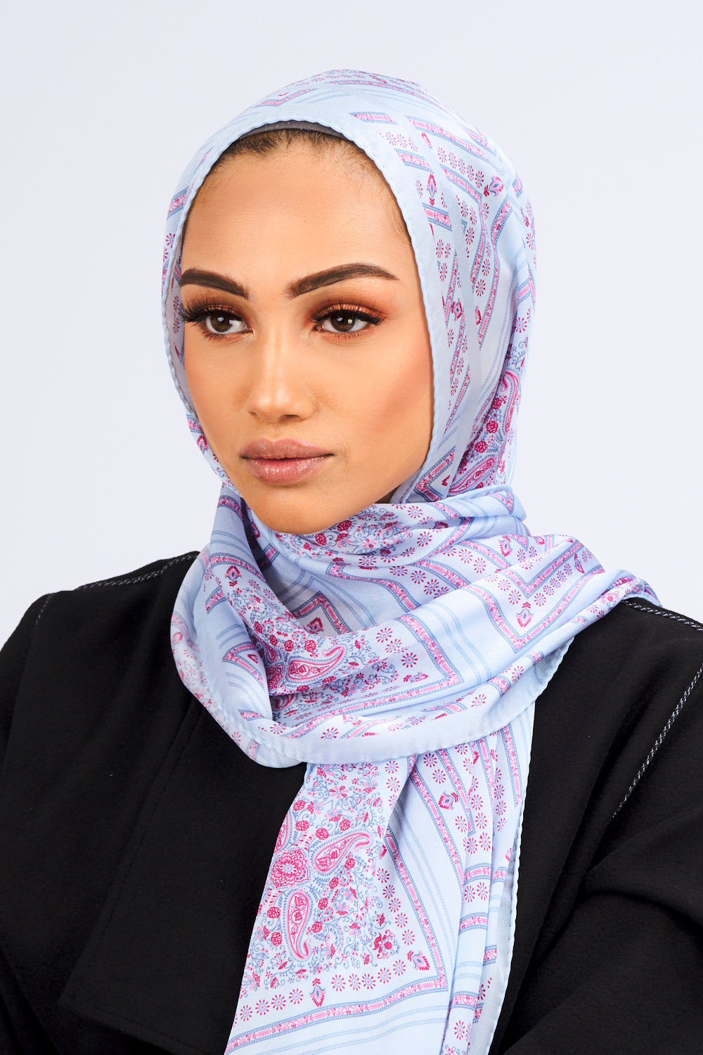 Silk Satin Scarf in Blue & Pink Print