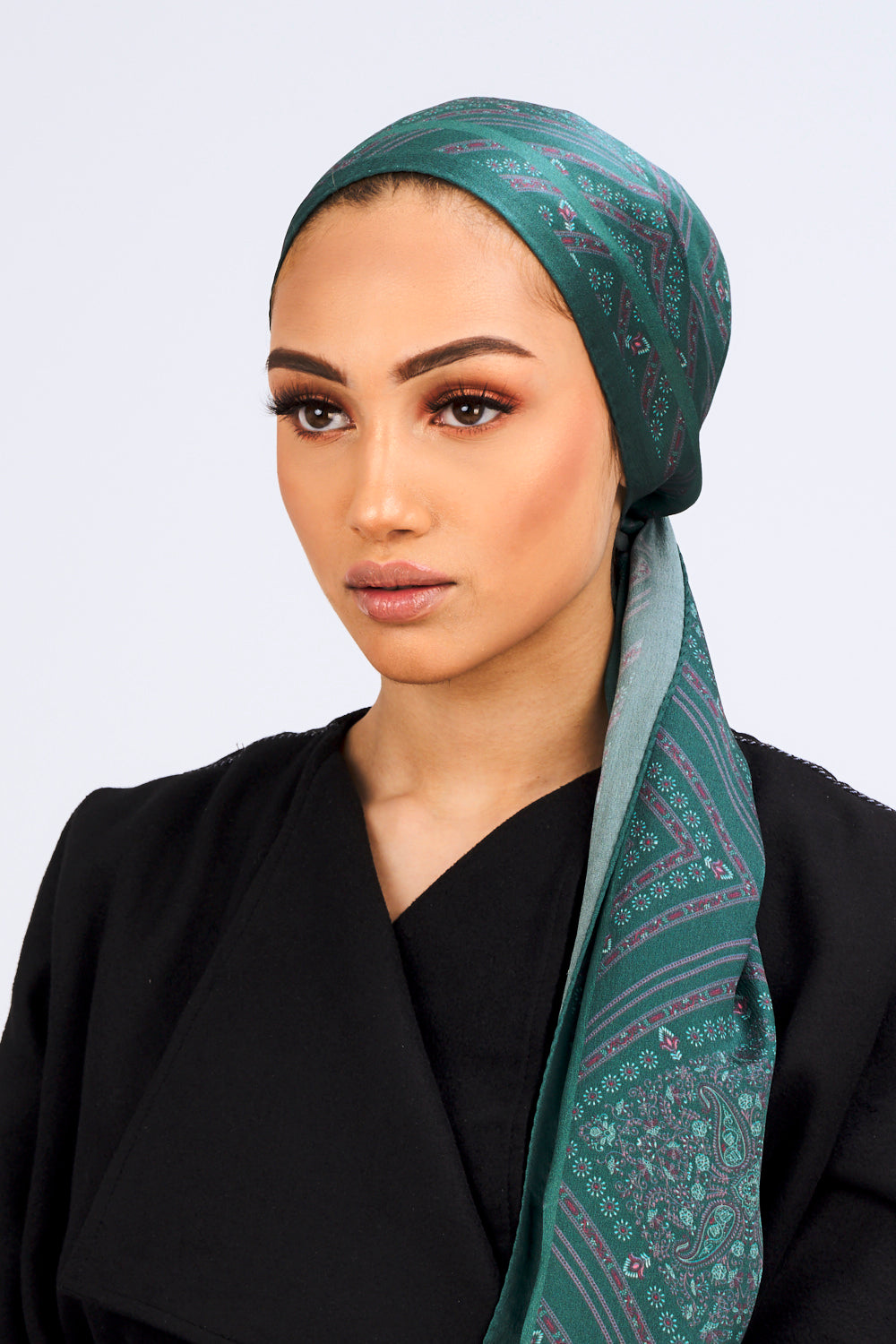 Silk Satin Scarf in Green & Pink Print