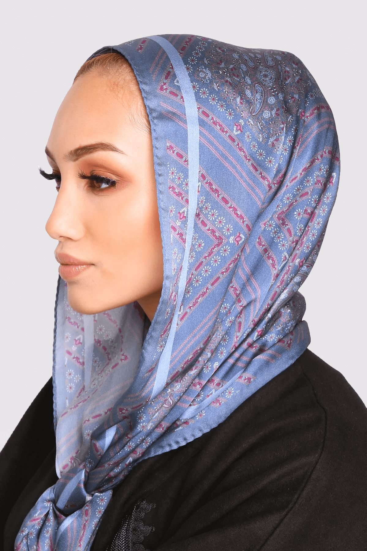 Silk Satin Scarf in Blue & Pink Print