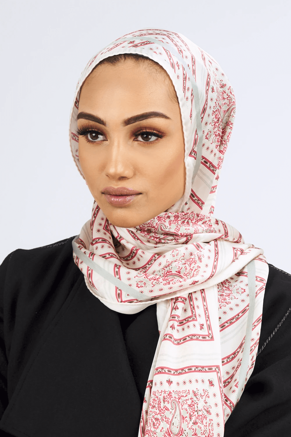 Silk Satin Scarf in Mint Green & Red Print