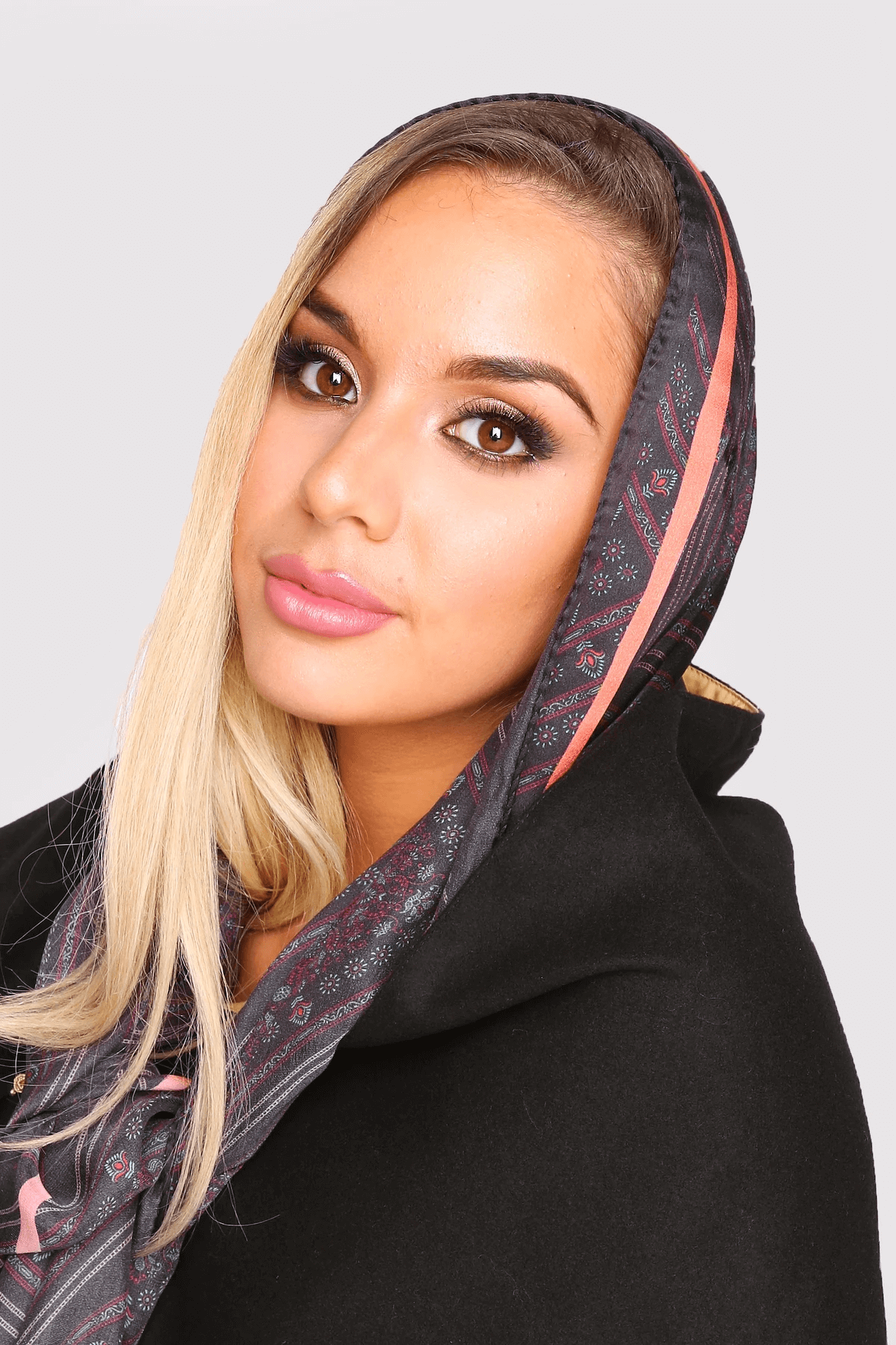Silk Satin Scarf in Black & Salmon Contrast Print
