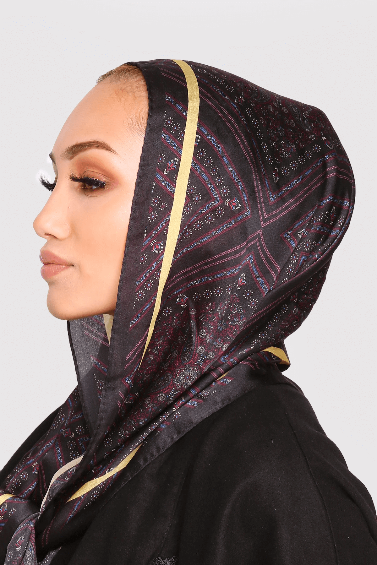 Silk Satin Scarf in Black & Yellow Contrast Print