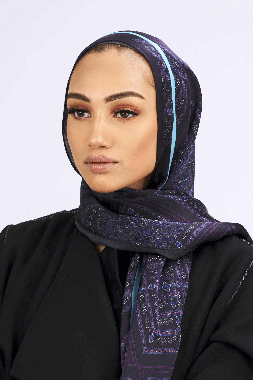 Silk Satin Scarf in Black & Blue Print