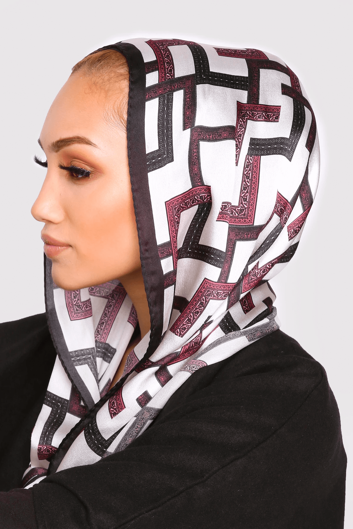 Silk Satin Scarf in Black & Burgundy Print