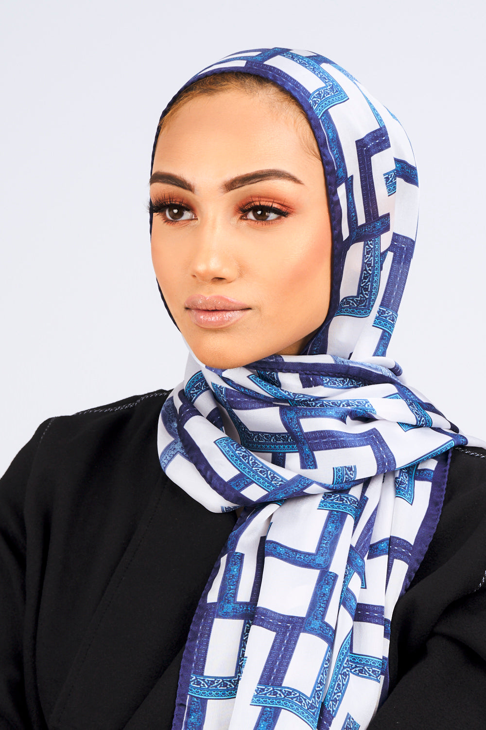 Silk Satin Scarf in Blue & White Print