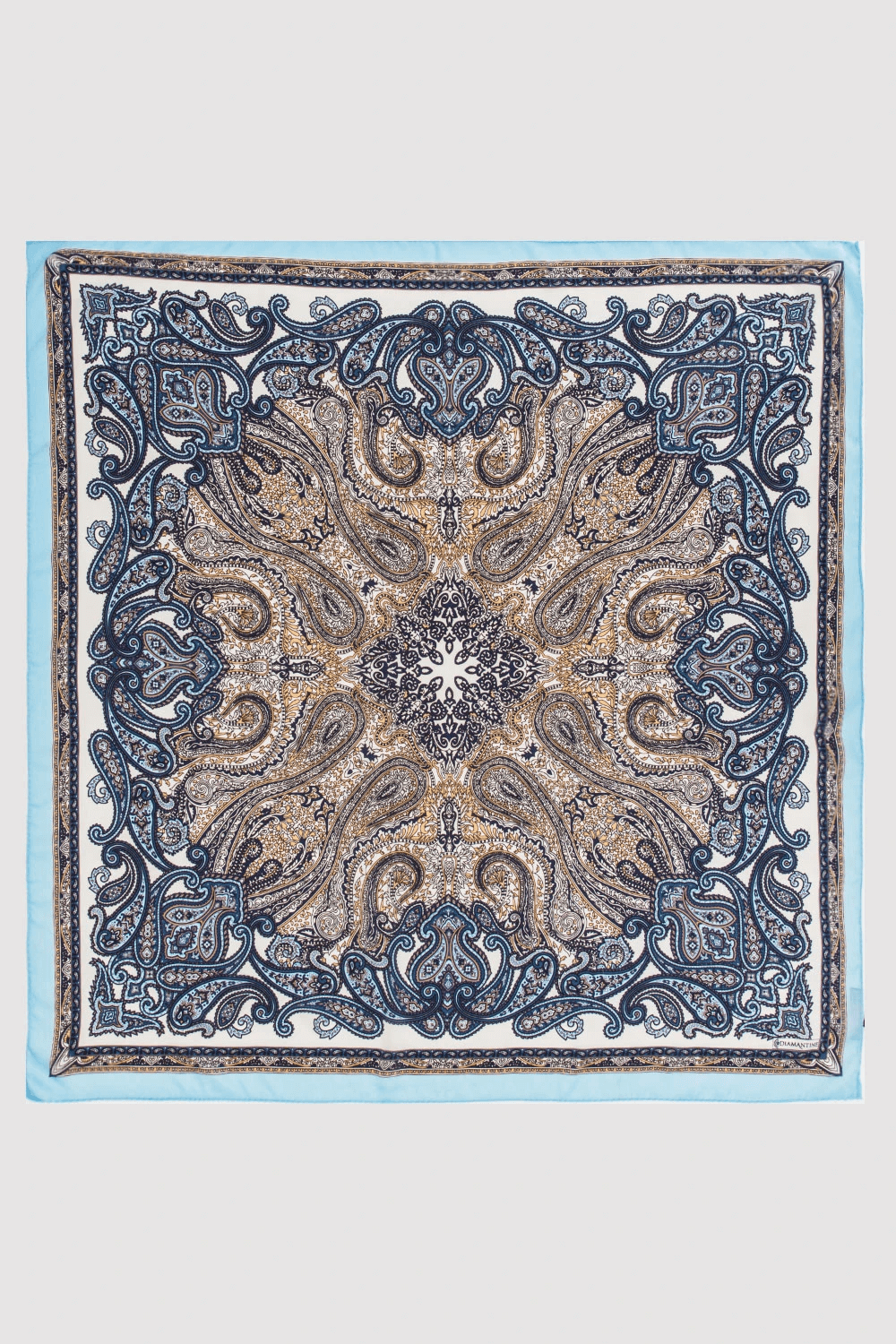 Silk Satin Scarf in Blue & Beige Paisley Print