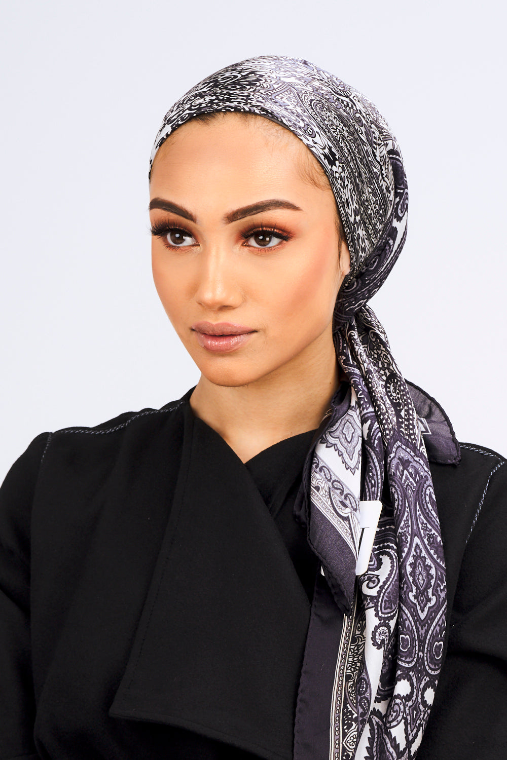 Silk Satin Scarf in Black & White Paisley Print