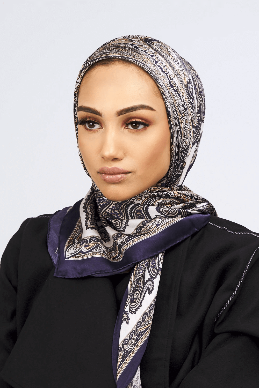 Silk Satin Scarf in Blue & Beige Paisley Print