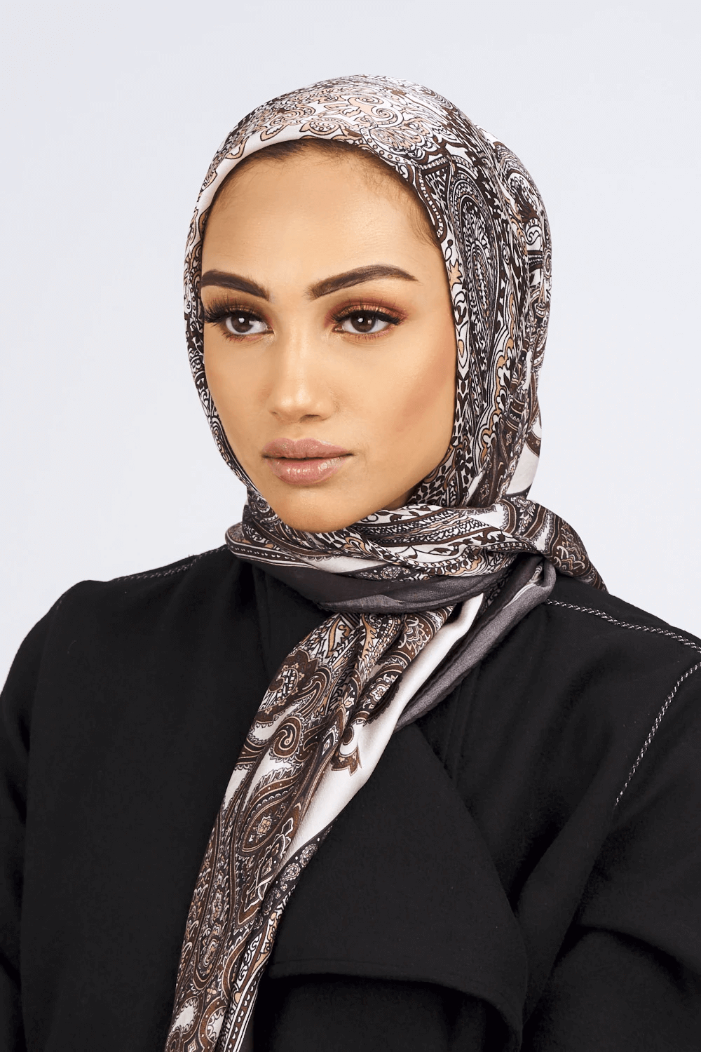 Silk Satin Scarf in Brown & Beige Paisley Print