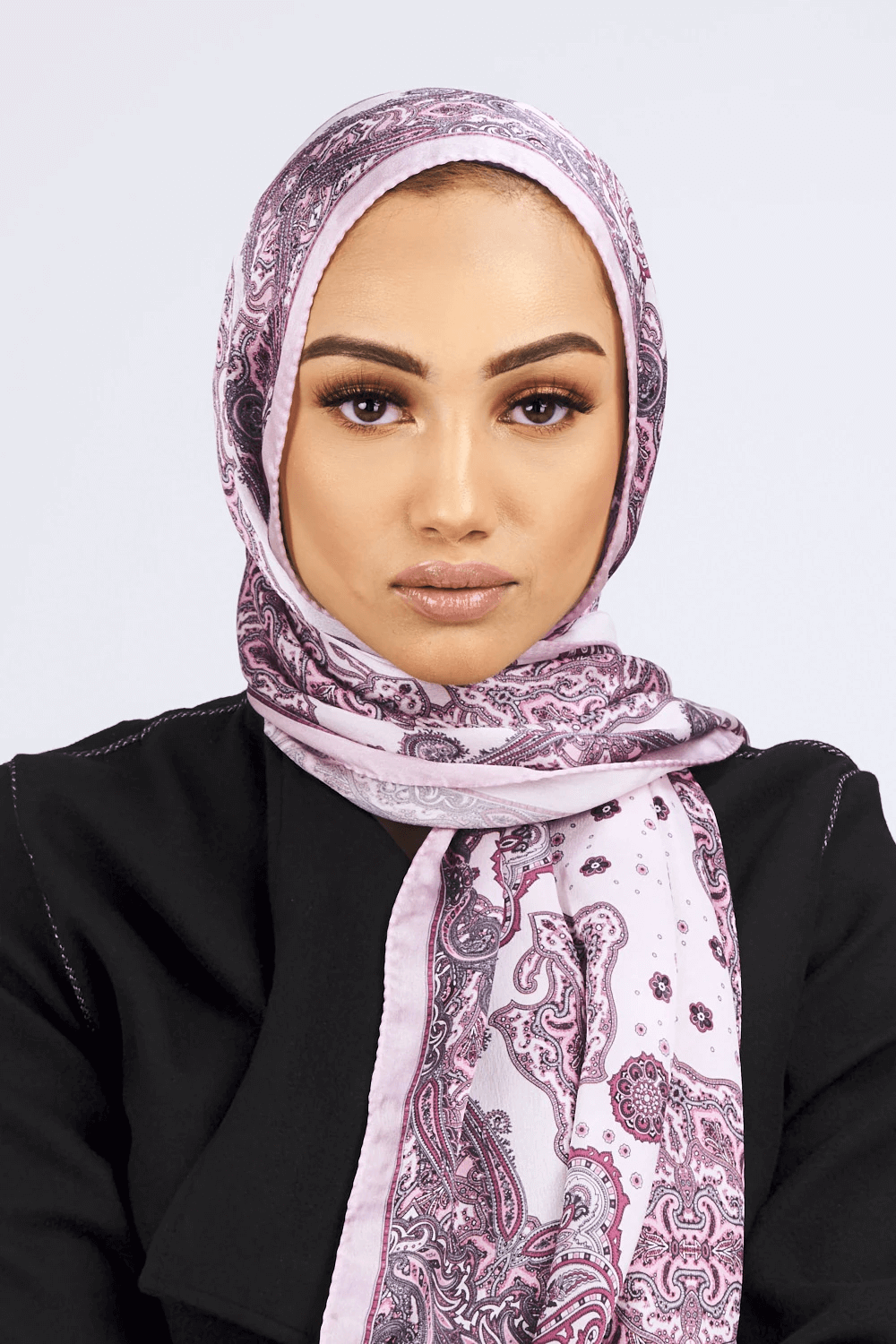 Silk Satin Scarf in Rose Pink Paisley Print