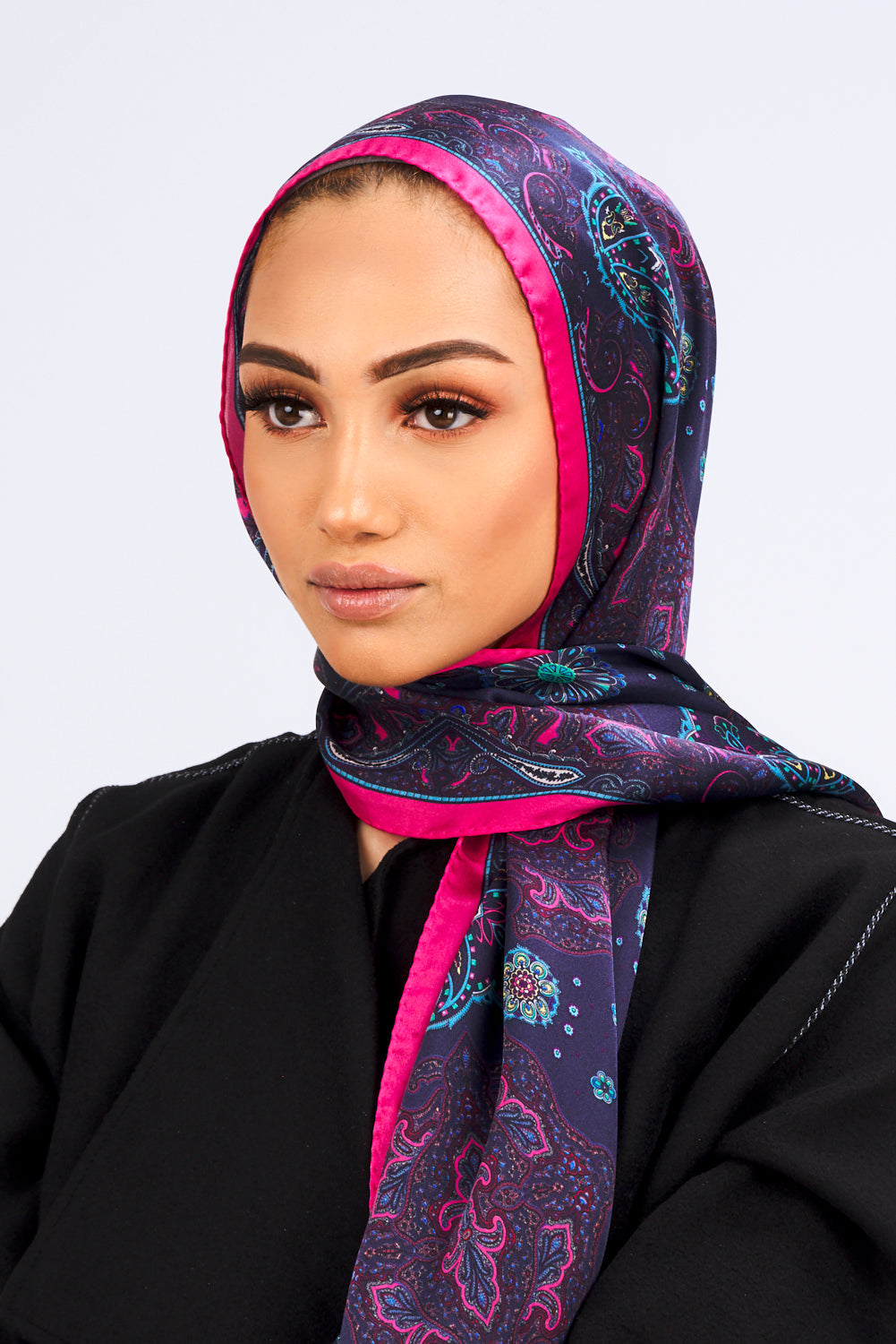Silk Satin Scarf in Navy & Pink Print