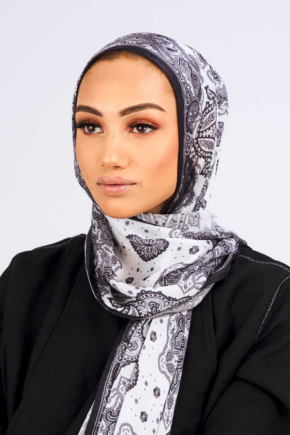 Silk Satin Scarf in Black & White Paisley Print