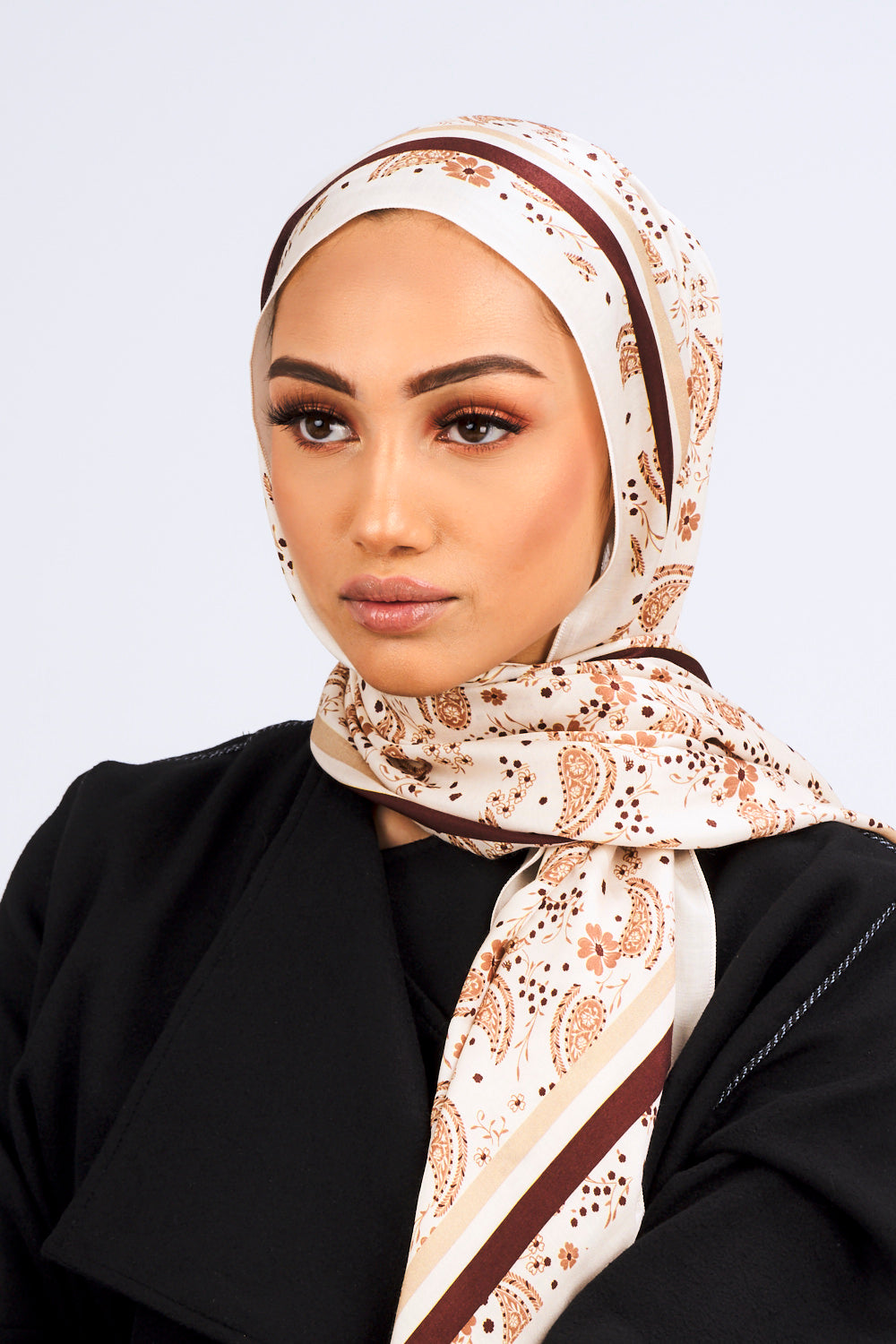 Silk Satin Scarf in Brown & Beige Print