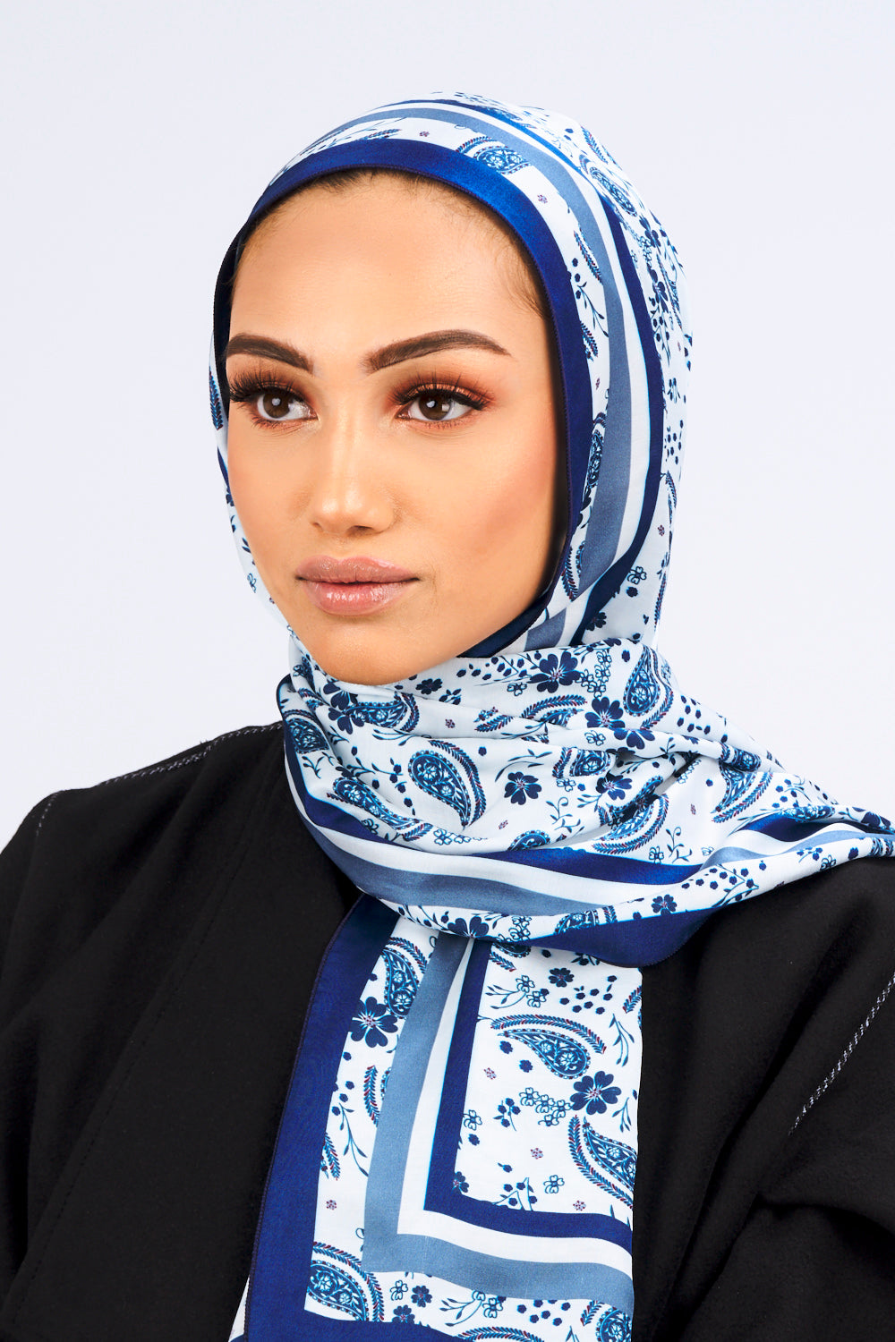 Silk Satin Scarf in Blue & White Print
