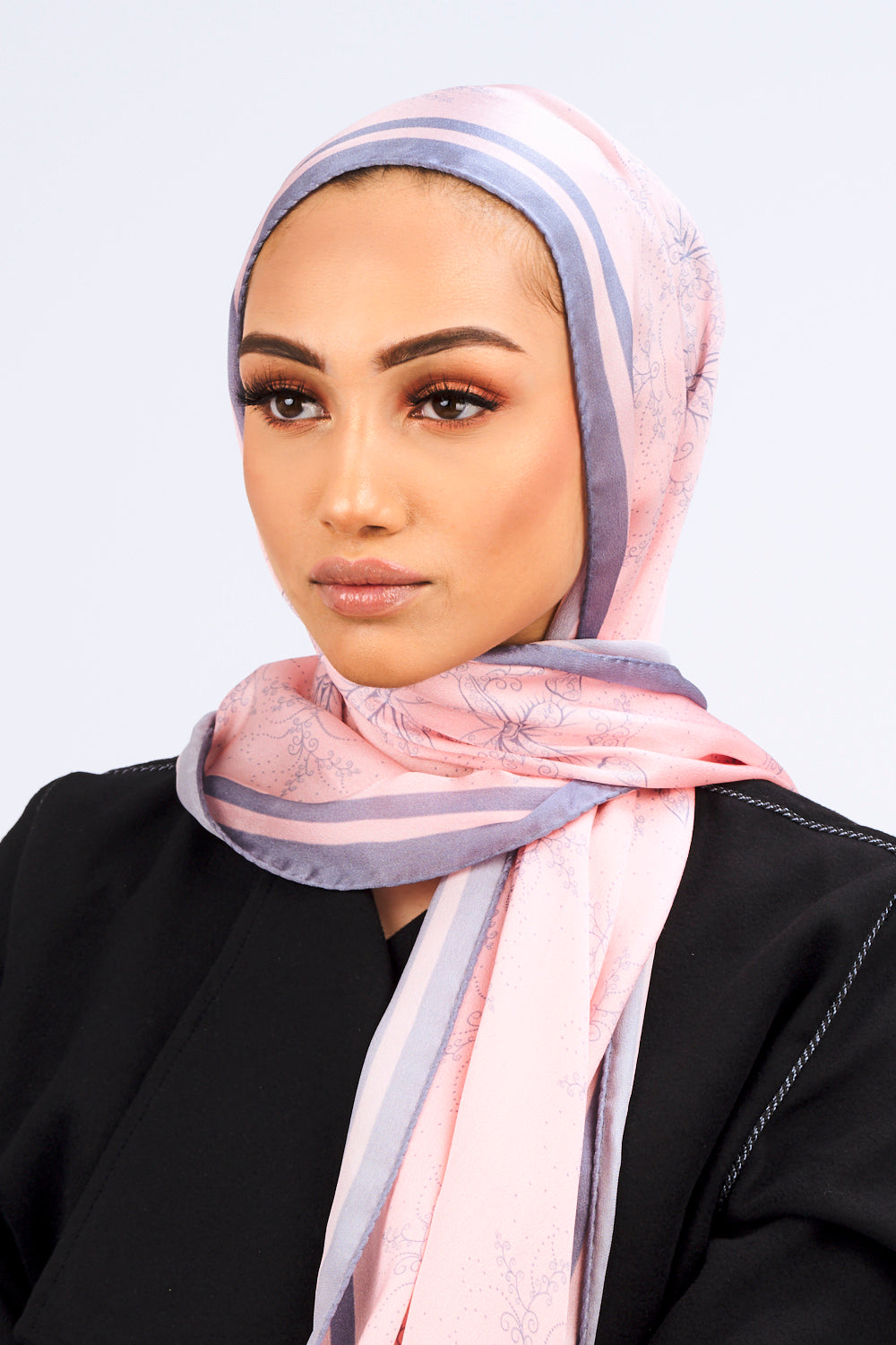 Silk Satin Scarf in Pink & Grey Floral Print