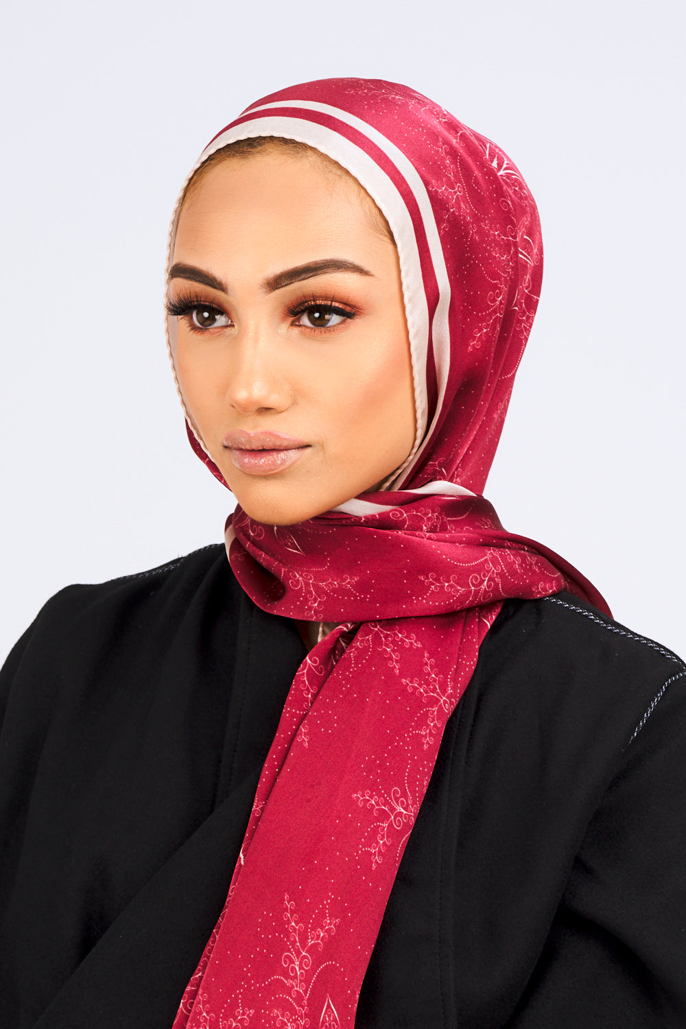 Silk Satin Scarf in Burgundy & Beige Floral Print