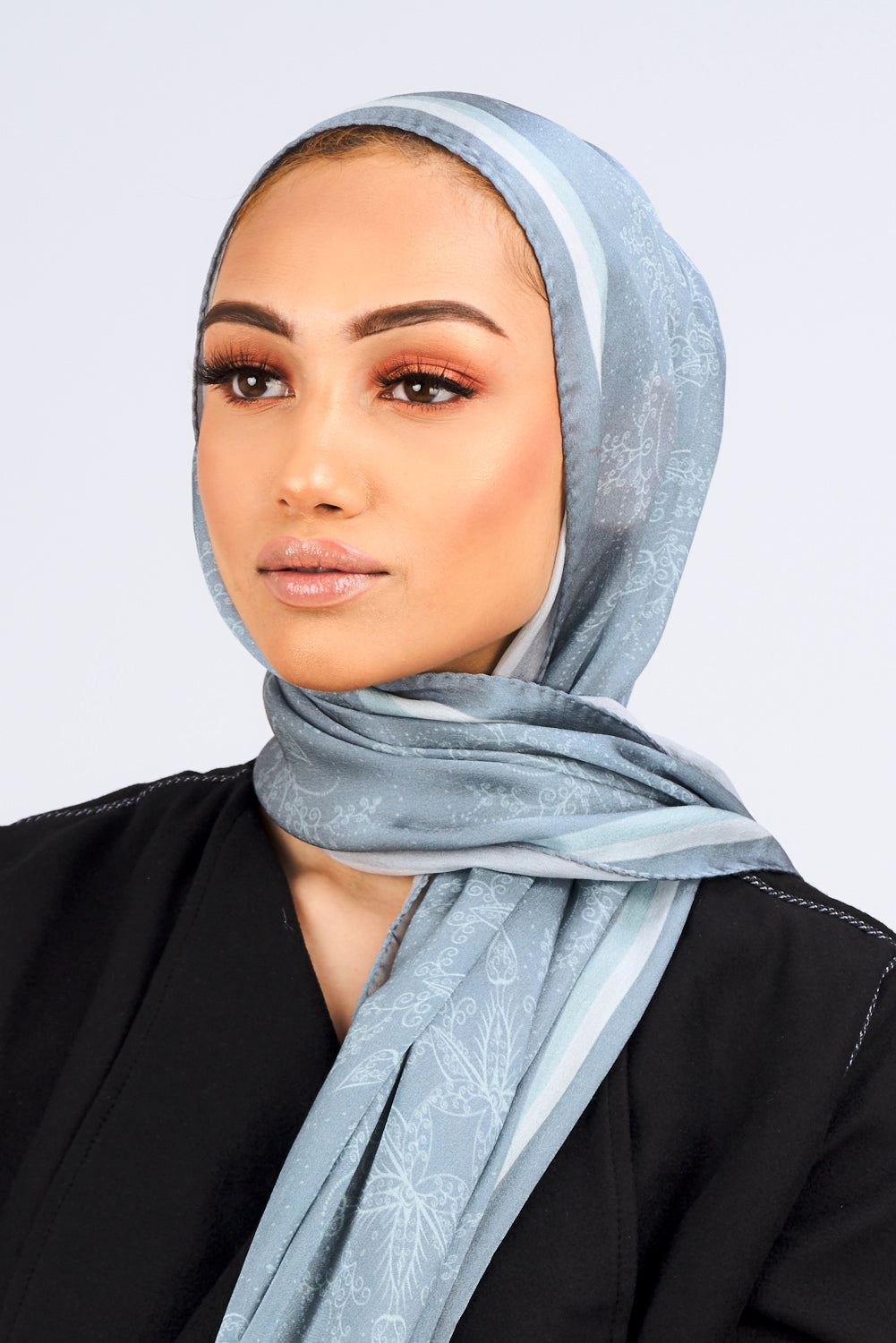 Silk Satin Scarf in Grey Floral Print