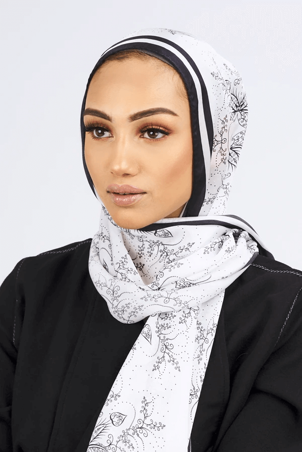Silk Satin Scarf in Black & White Floral Print