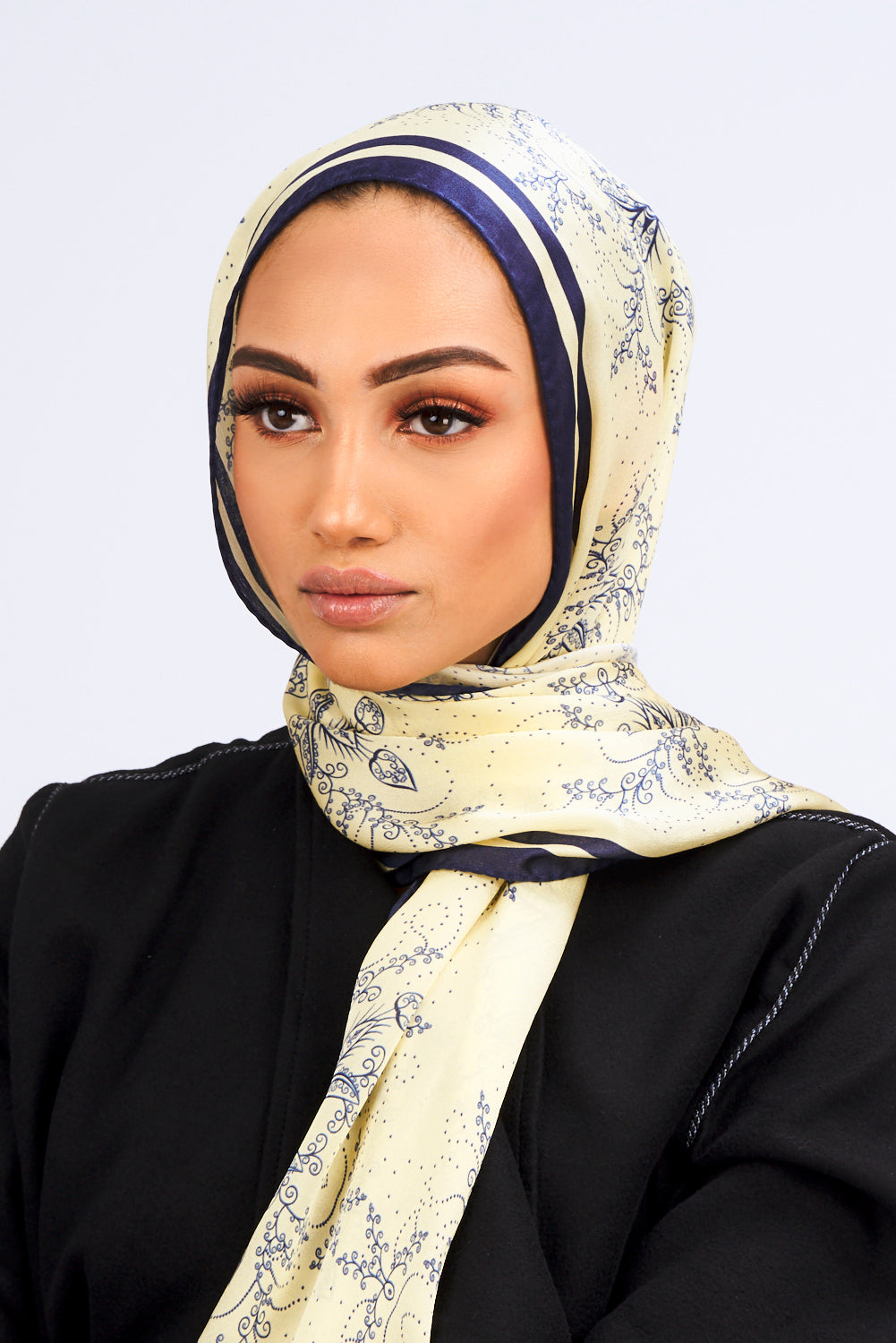 Silk Satin Scarf in Yellow & Blue Floral Print