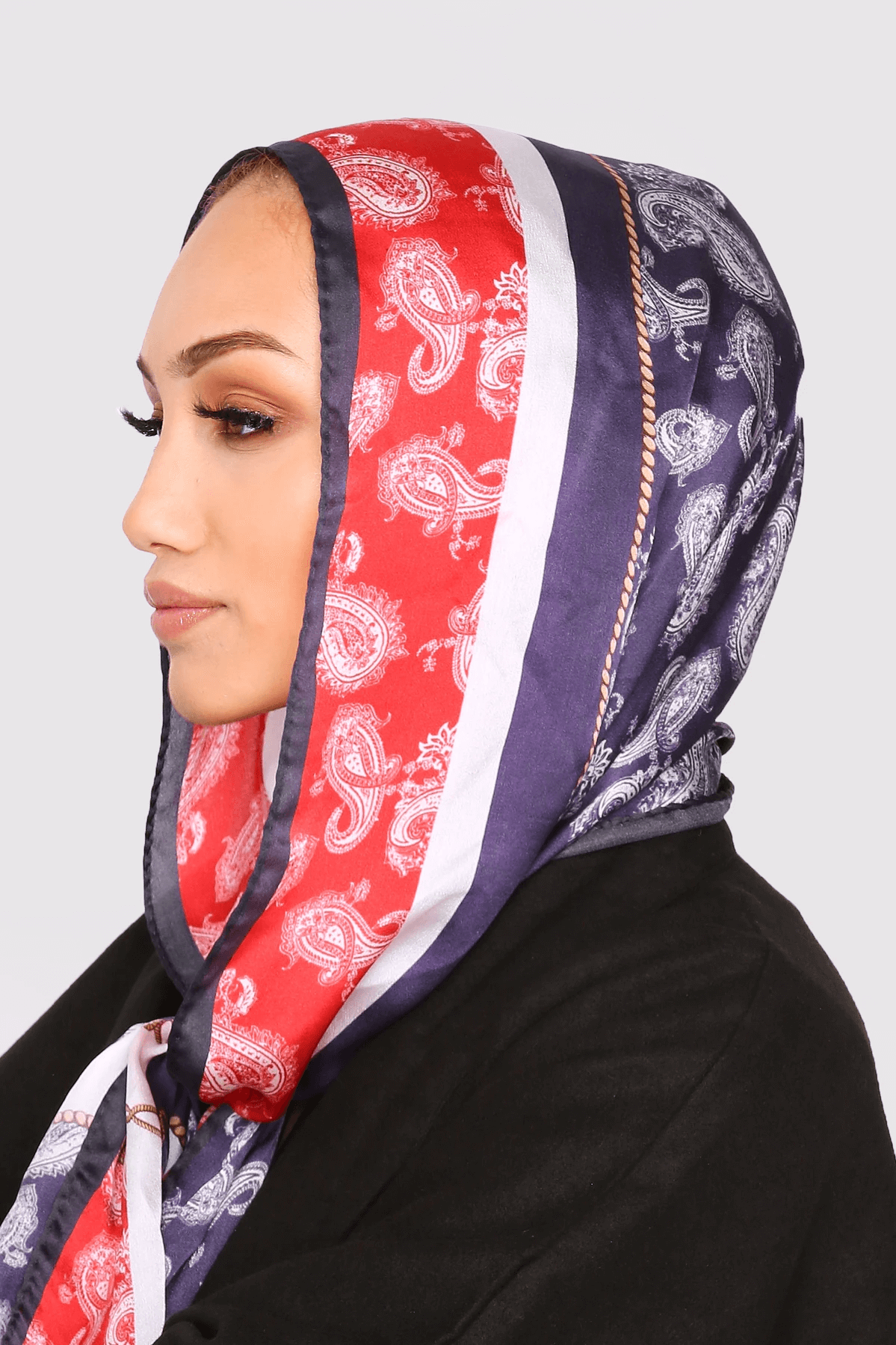 Silk Satin Scarf in Purple & Red Paisley Print