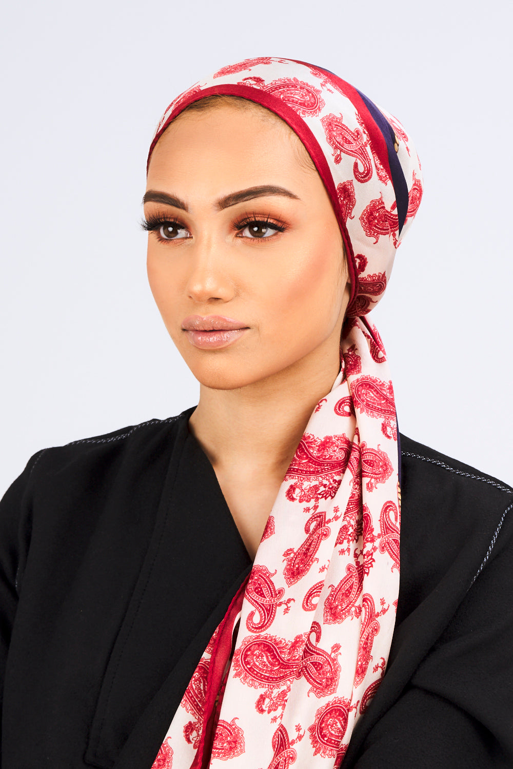 Silk Satin Scarf in Red & Beige Paisley Print