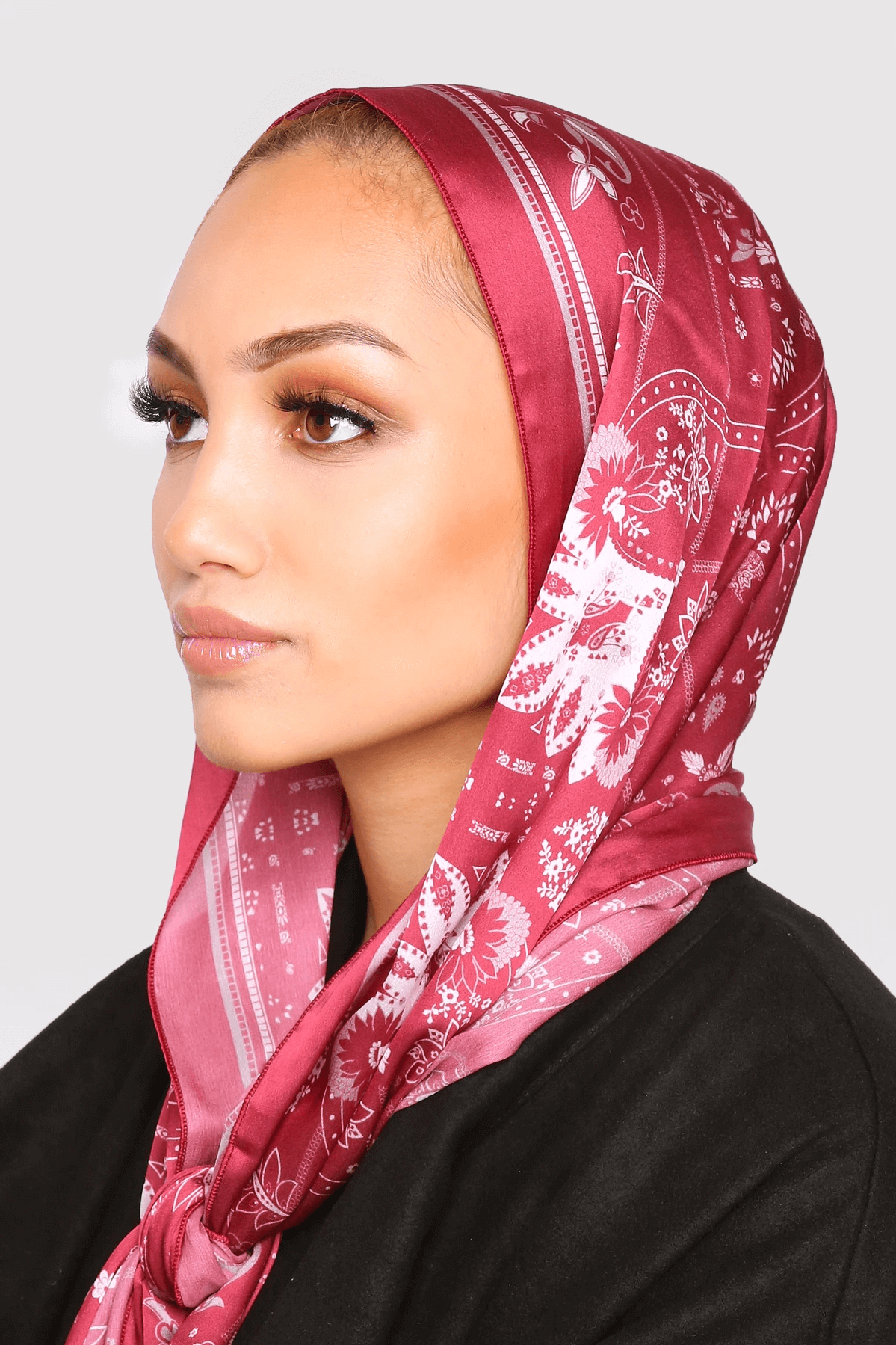 Silk Satin Scarf in Burgundy & Beige Print