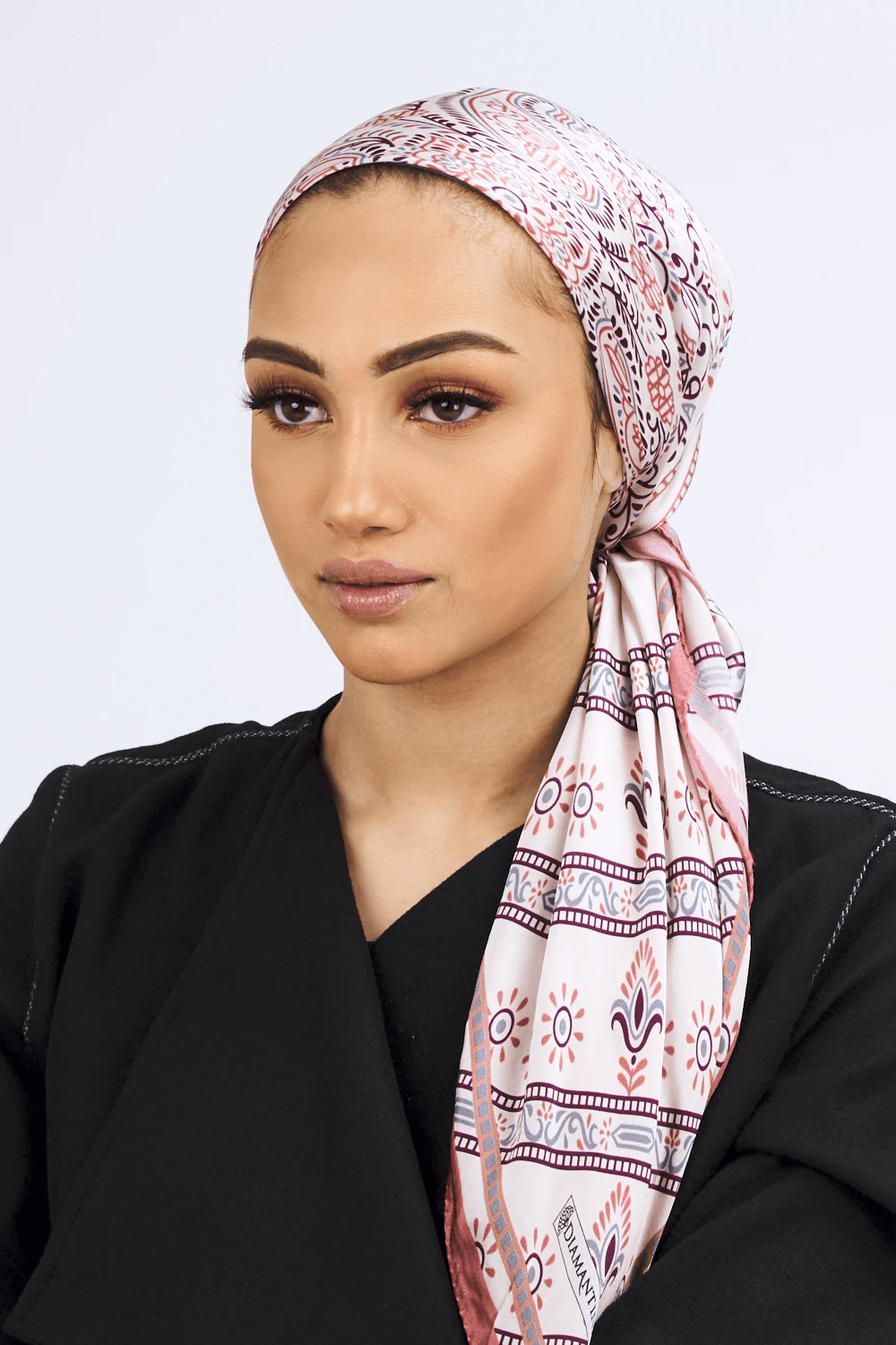Silk Satin Scarf in Cream & Vintage Pink Print