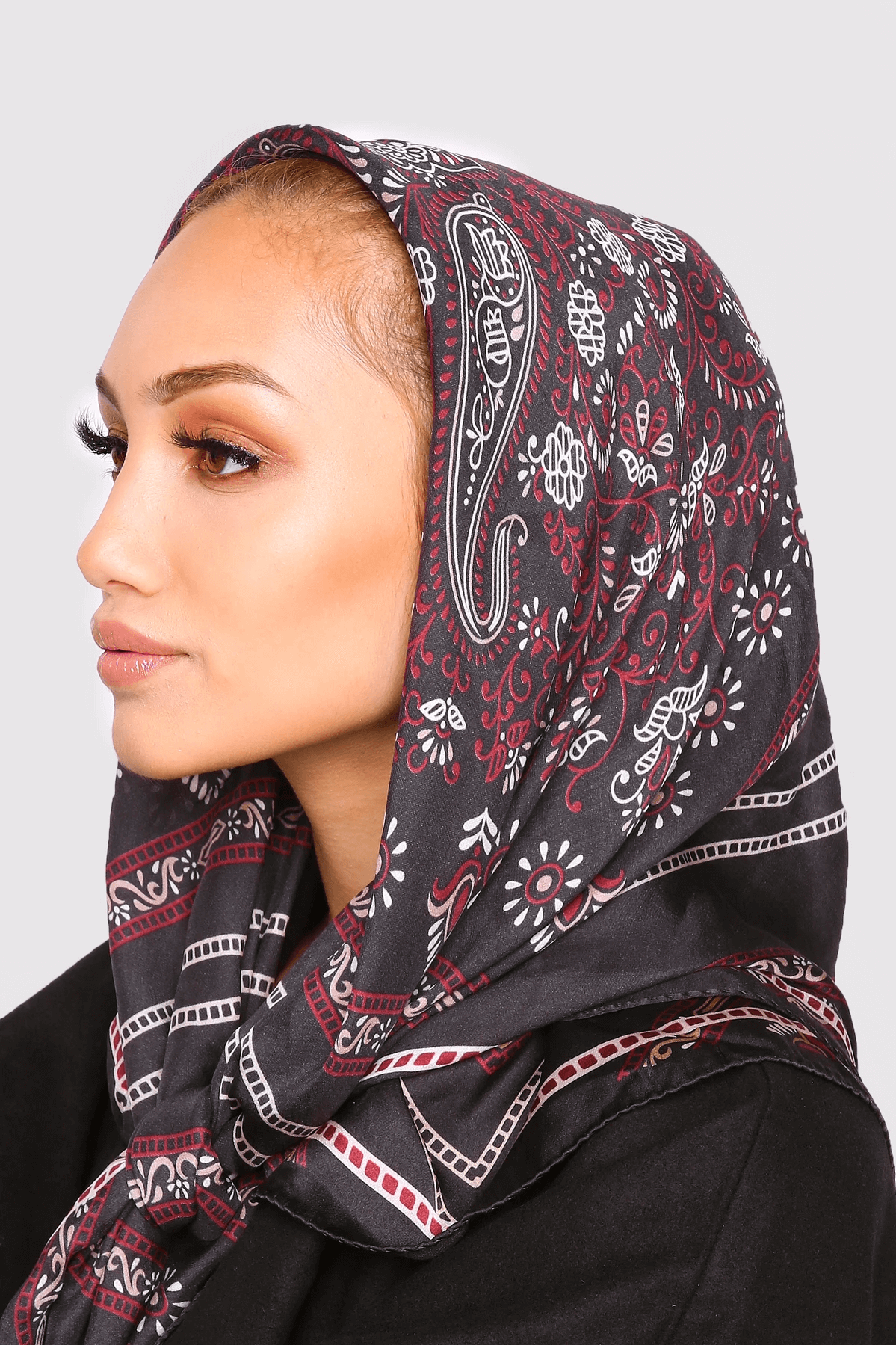 Silk Satin Scarf in Black & Burgundy Floral Print