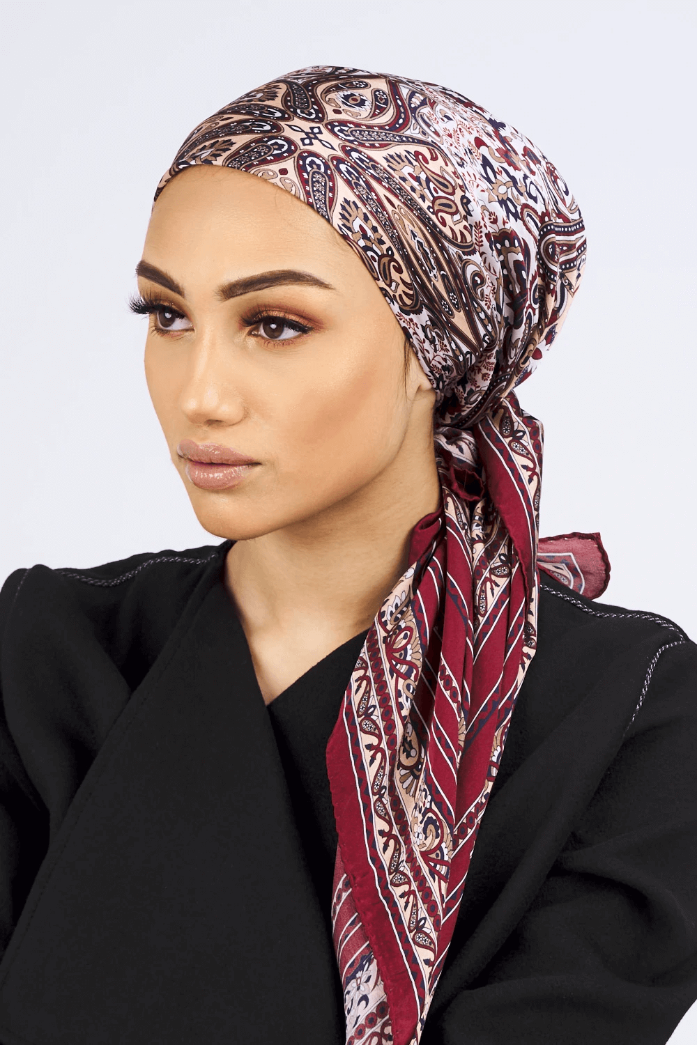 Silk Satin Scarf in Burgundy Floral Print